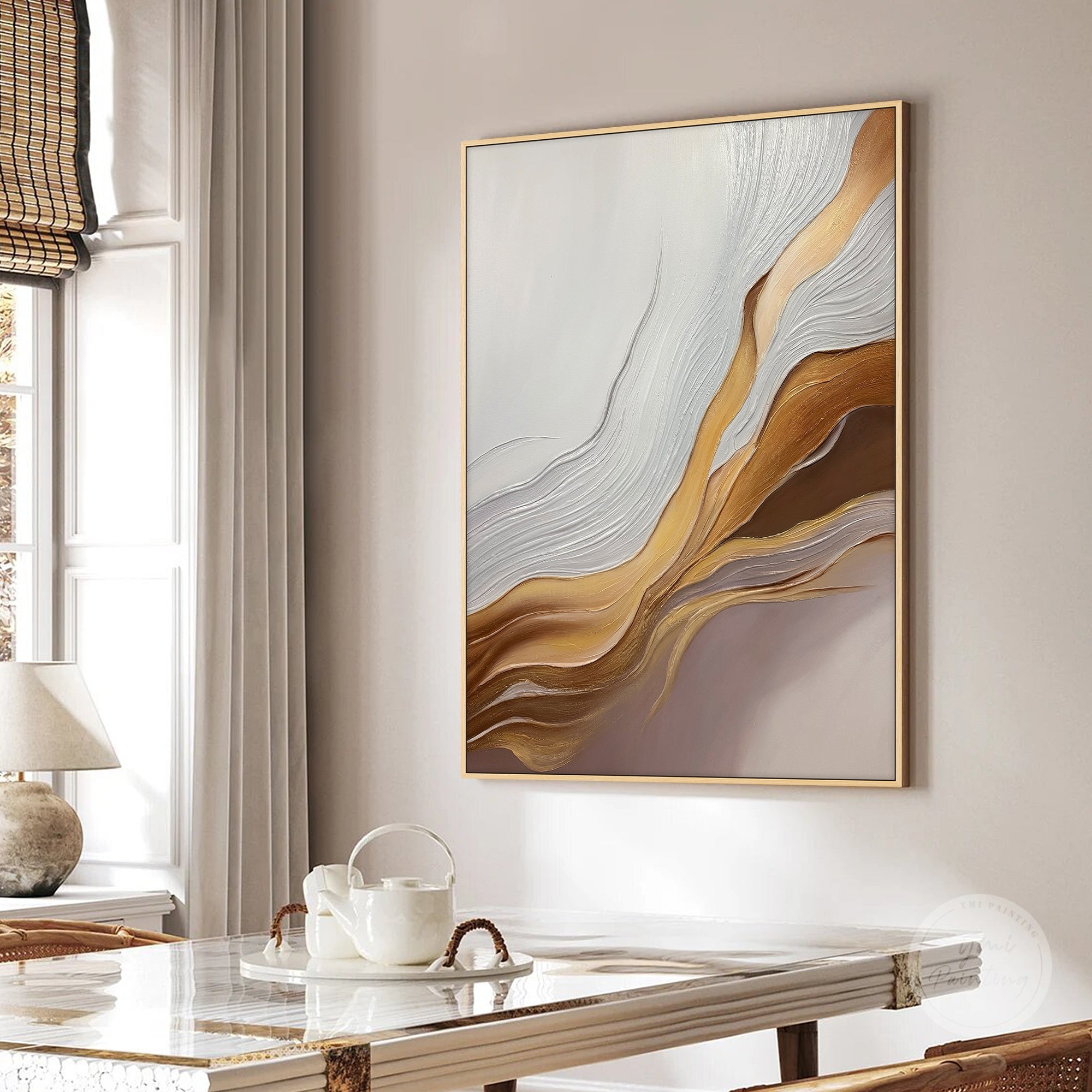 Neutral abstract impasto artwork styled in a contemporary office, professional gift for executives