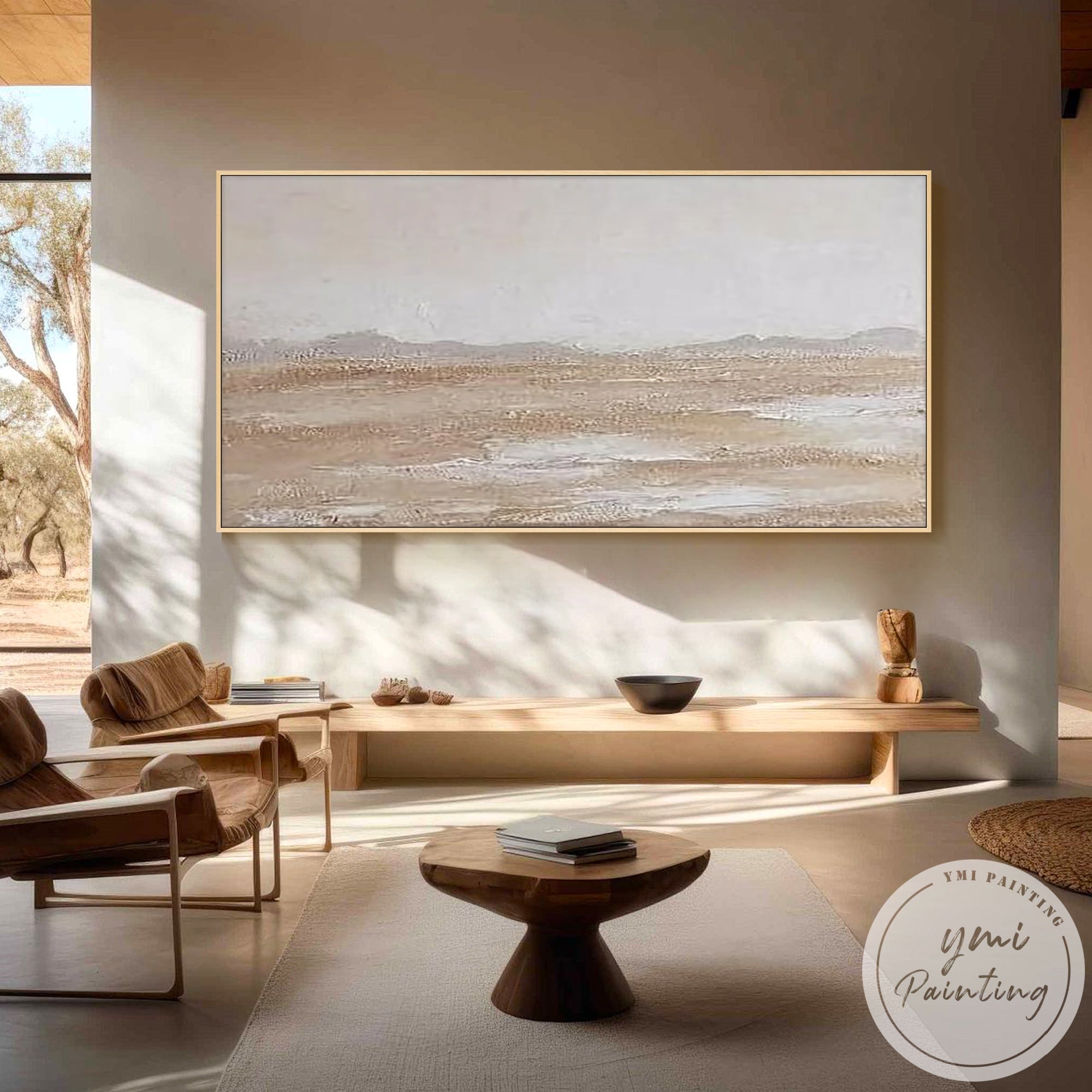 Neutral abstract landscape painting with texture in Japandi interior design