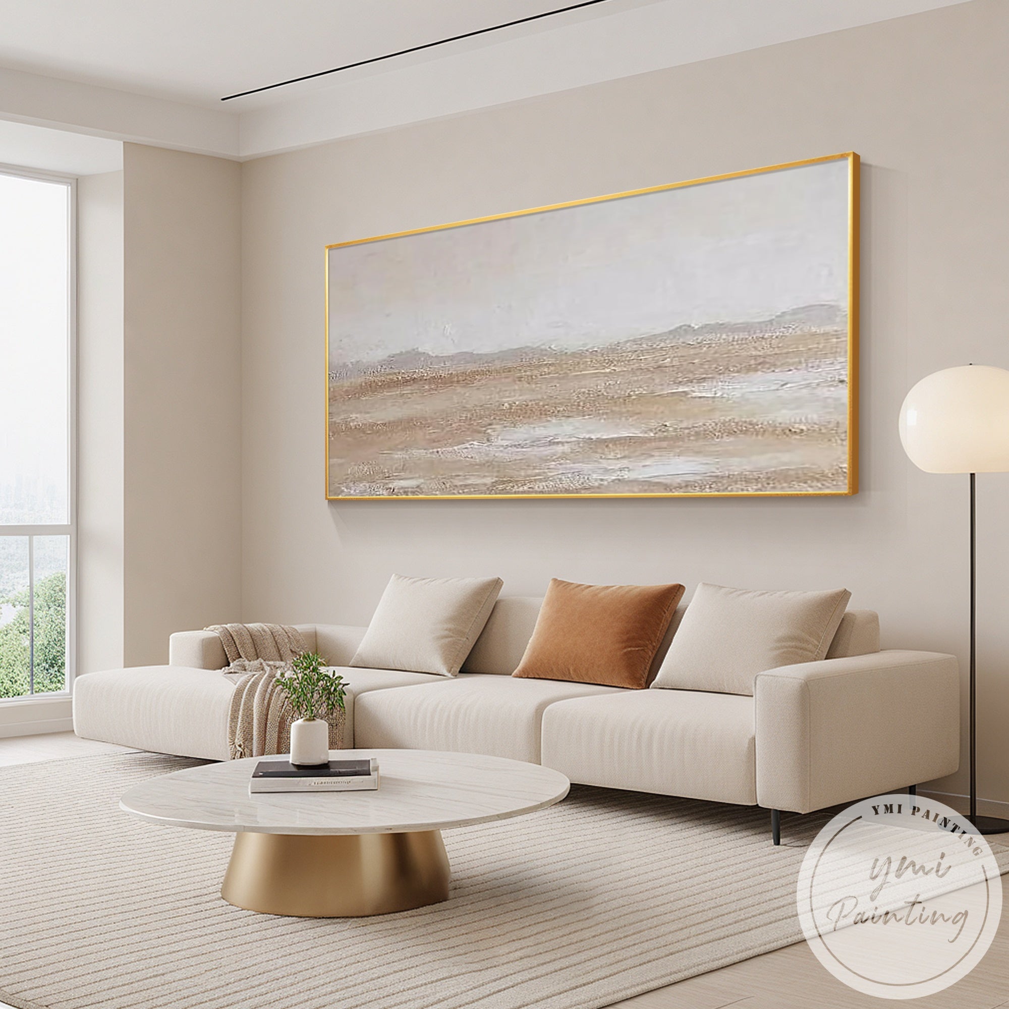 Soft earthy tone wall art displayed in minimalist home office space