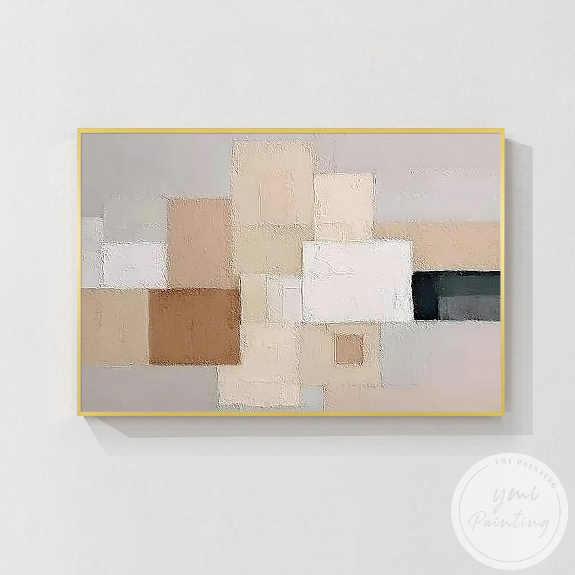 Neutral geometric abstract wall art with black accent above modern sofa