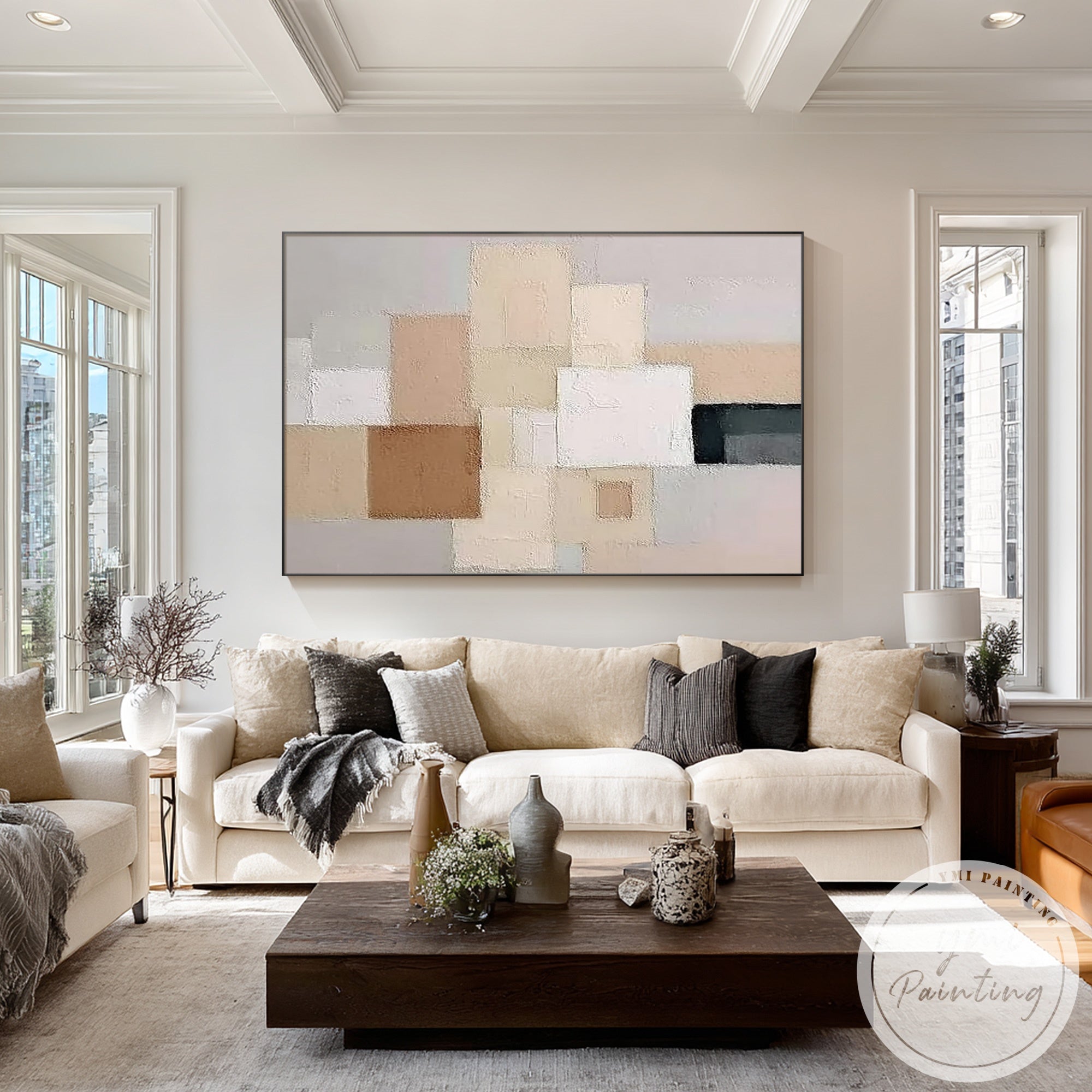 Contemporary neutral painting with black accent above wooden console table