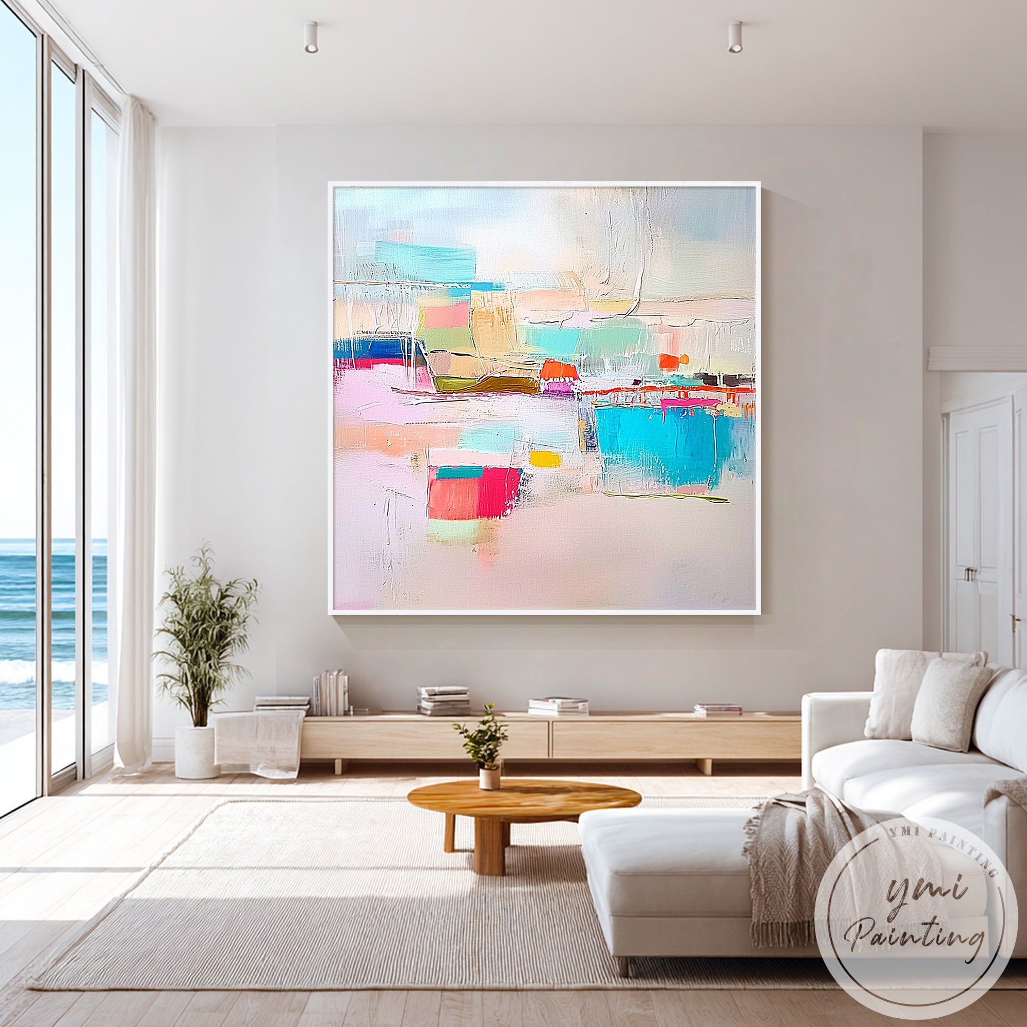 Contemporary neutral abstract artwork in bright hallway interior