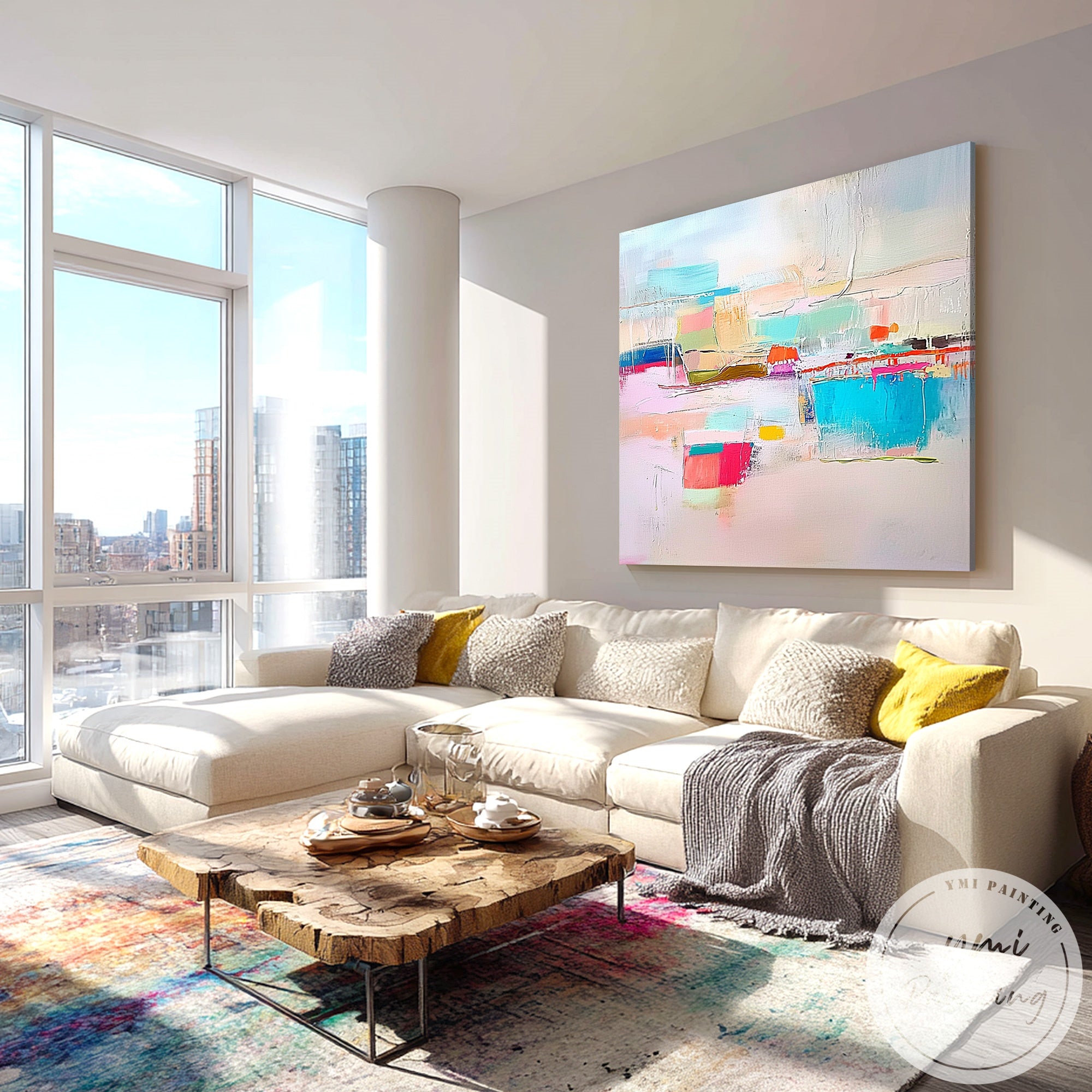 Beige textured canvas painting displayed in modern dining room