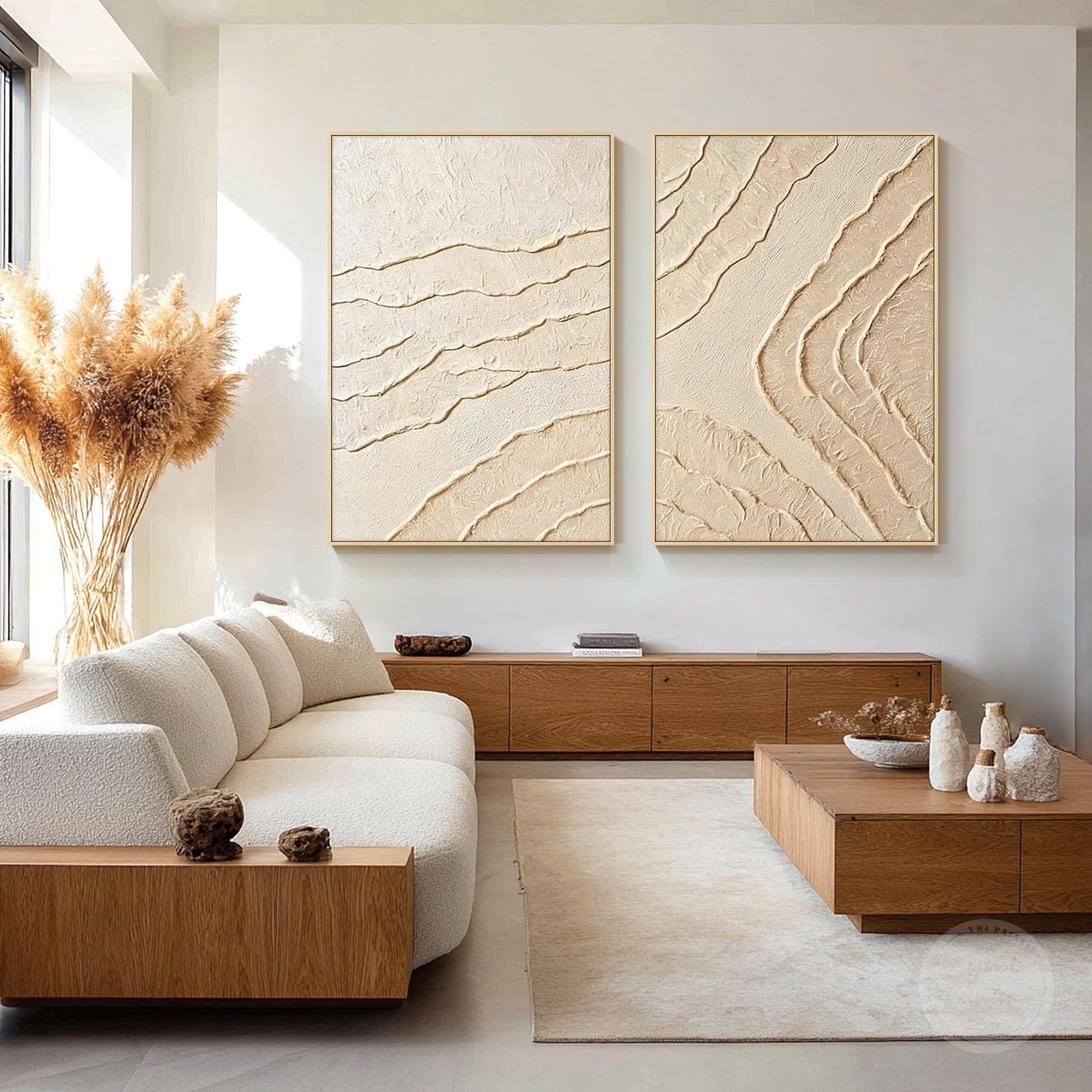Handcrafted textured canvas art with minimalist wavy line design
