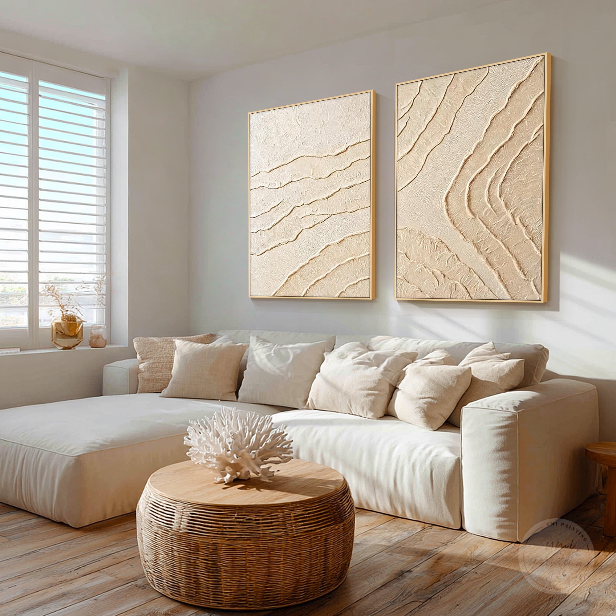 Handcrafted textured canvas art with minimalist wavy line design