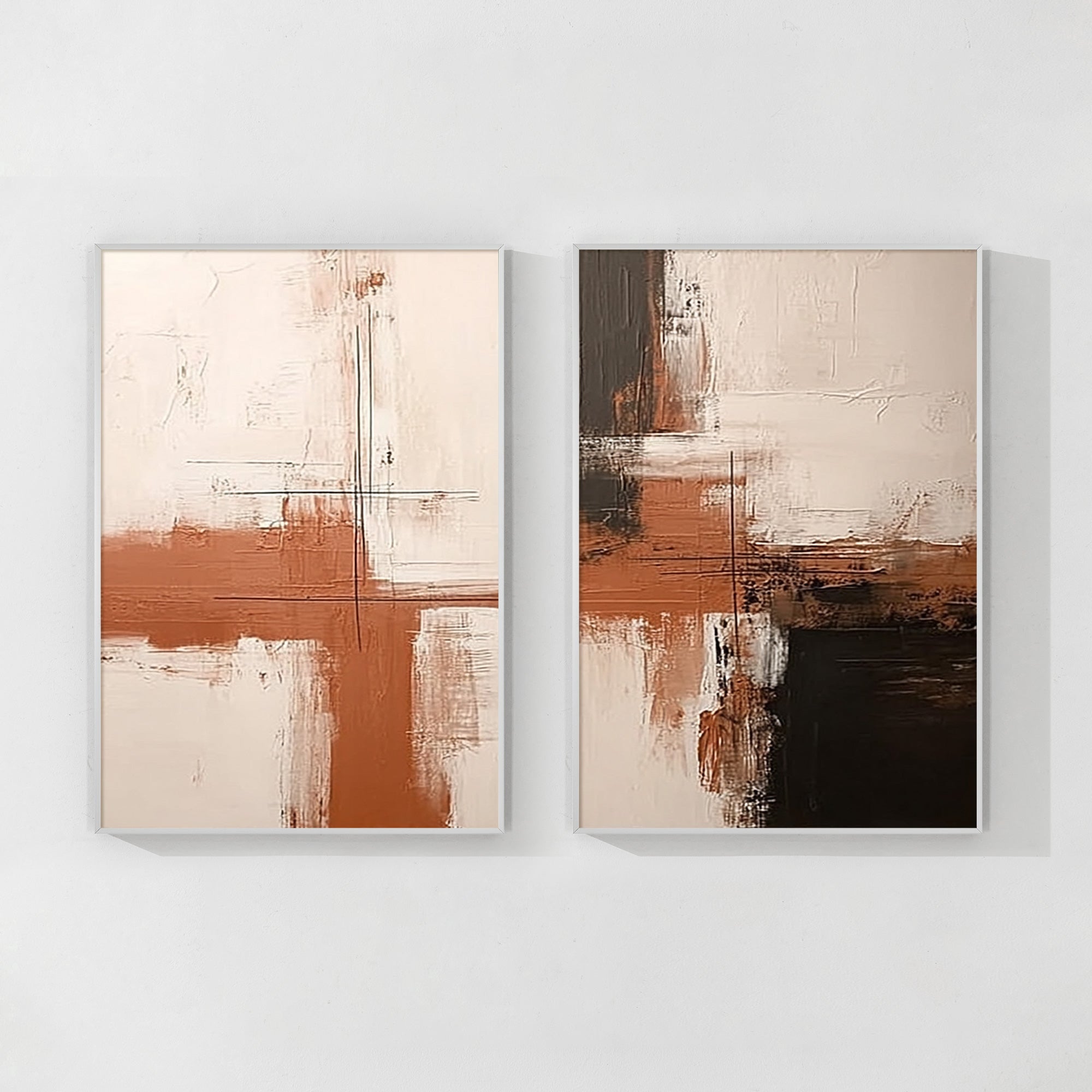 Modern abstract diptych wall art in beige and brown neutral tones, perfect for contemporary home decor.