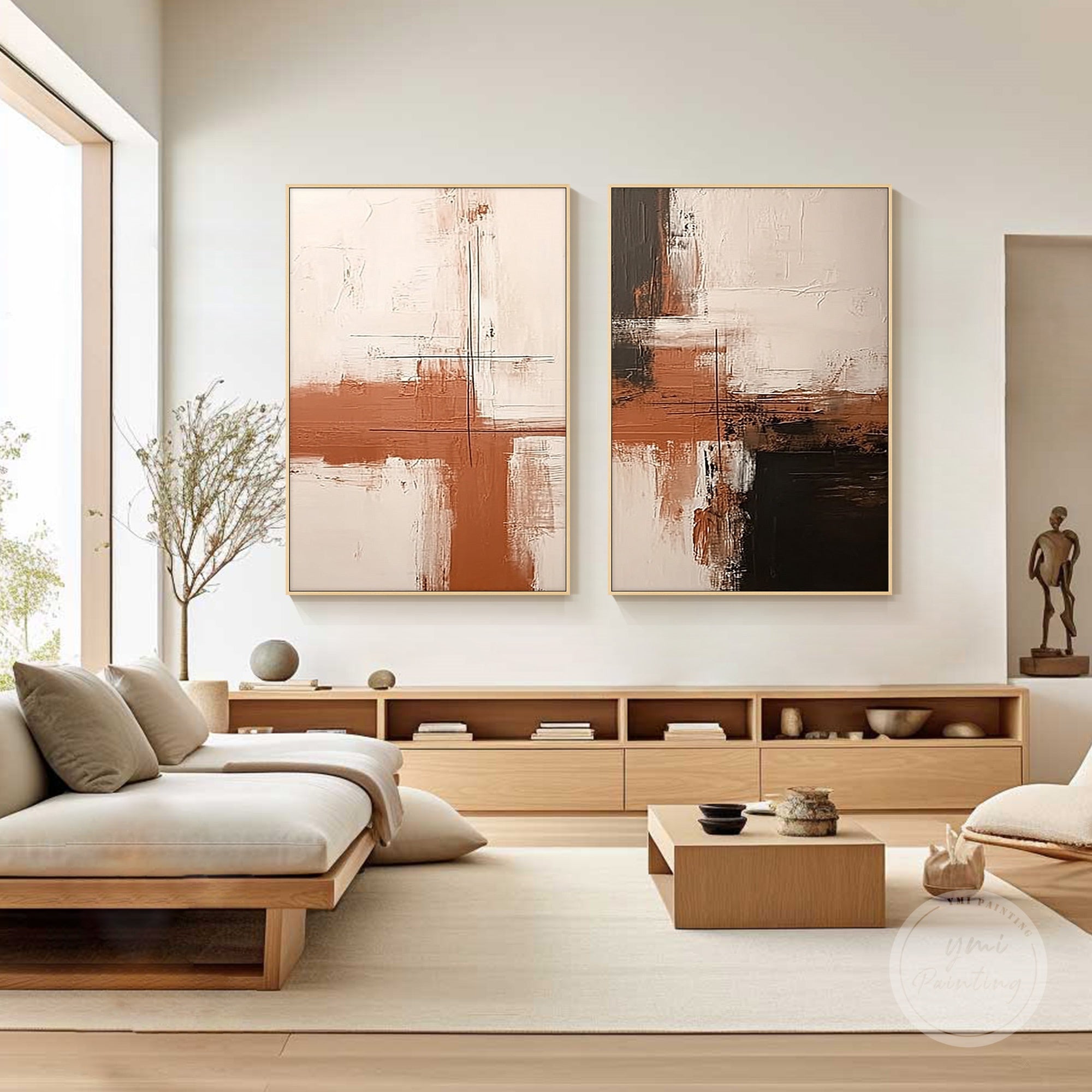 Beige and brown abstract canvas art diptych, ideal for modern living rooms or bedrooms.