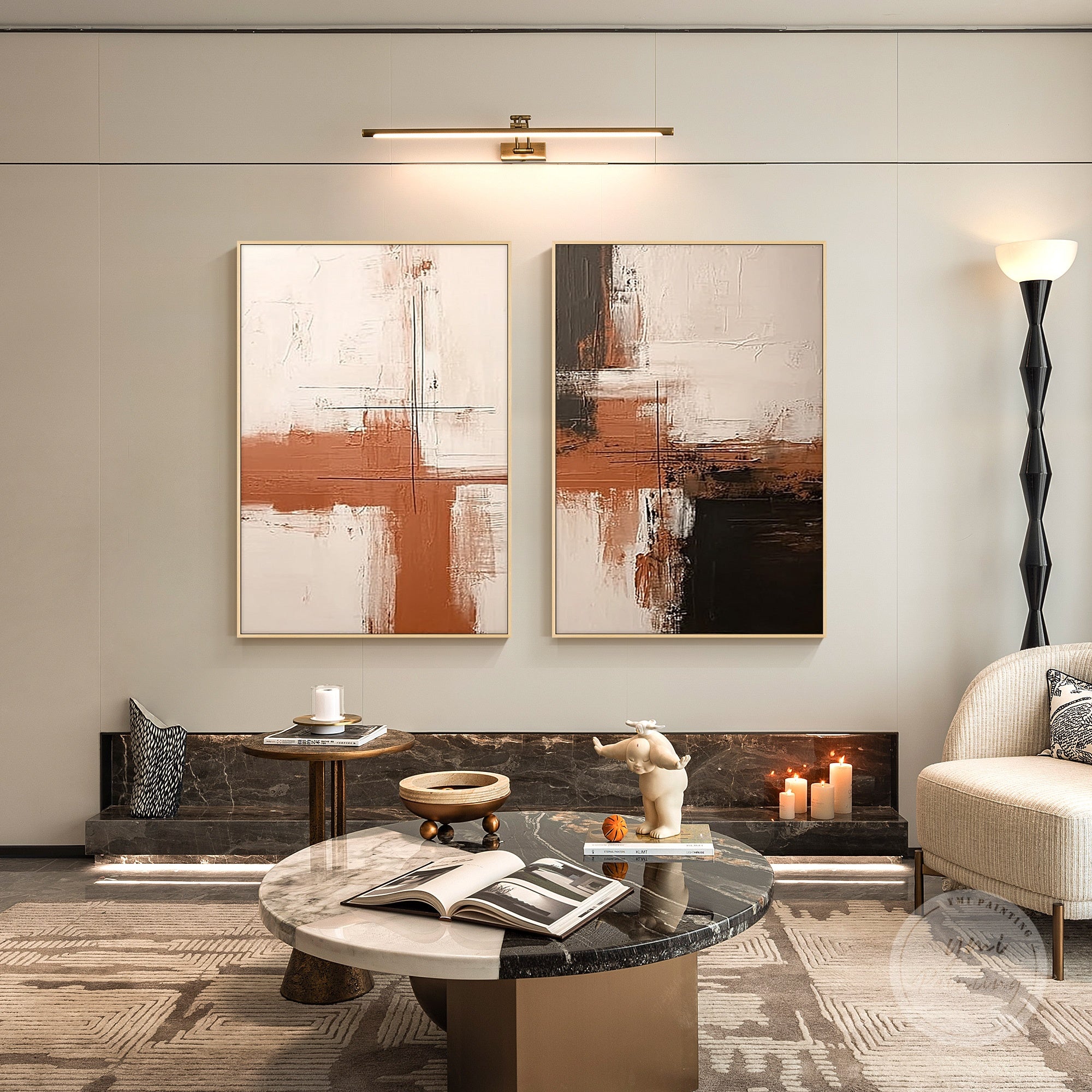 Hand-painted abstract painting set featuring geometric minimalist design in warm neutral colors.