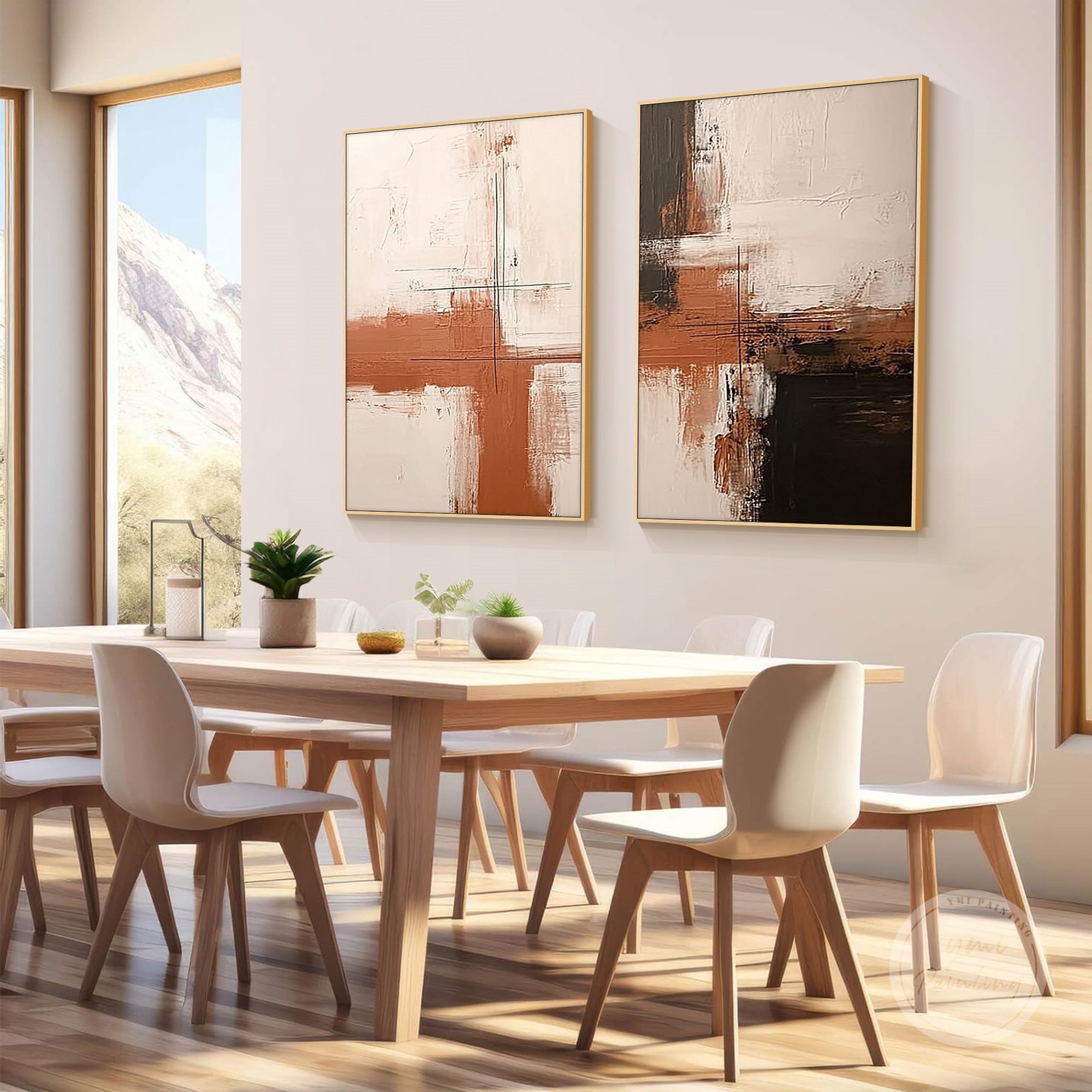 Neutral abstract wall art set with soft geometric shapes, adding balance and sophistication.