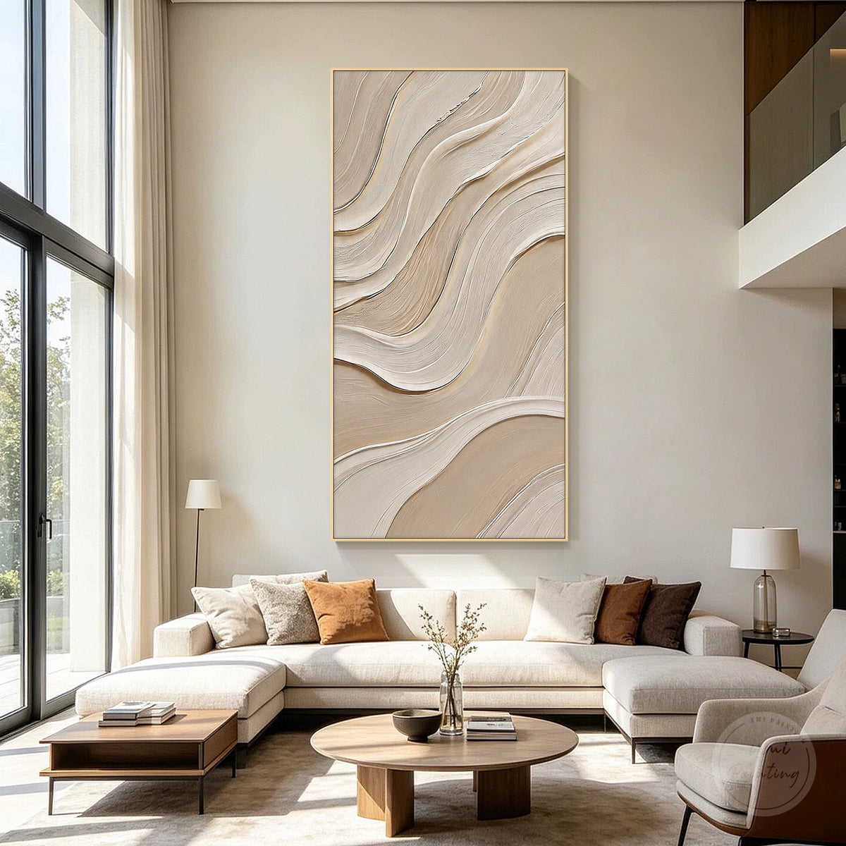Vertical beige abstract artwork with raised organic wave texture