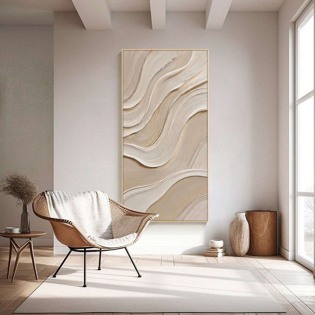 Neutral textured canvas artwork with curved cream and brown lines