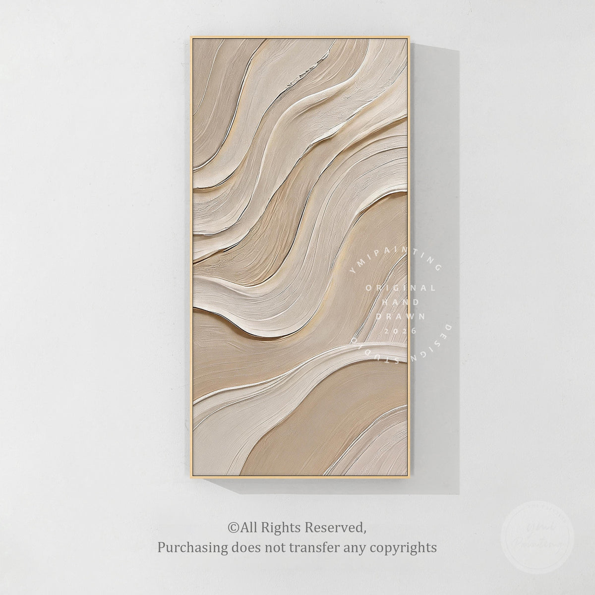 Beige textured abstract painting with flowing cream wavy lines