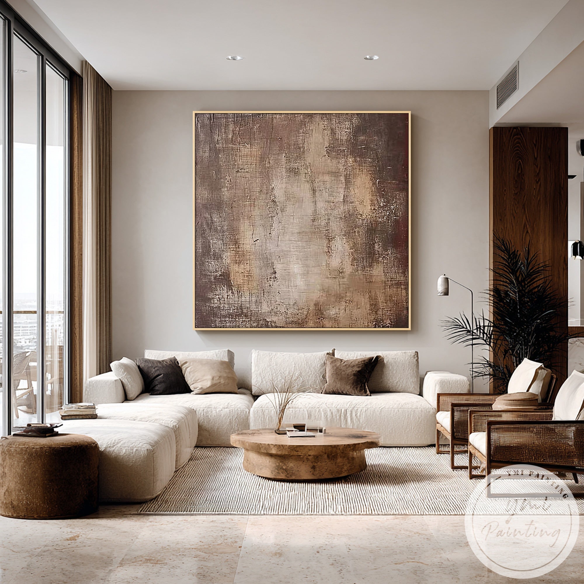 Warm earth tone abstract painting in minimalist Scandinavian living room interior design