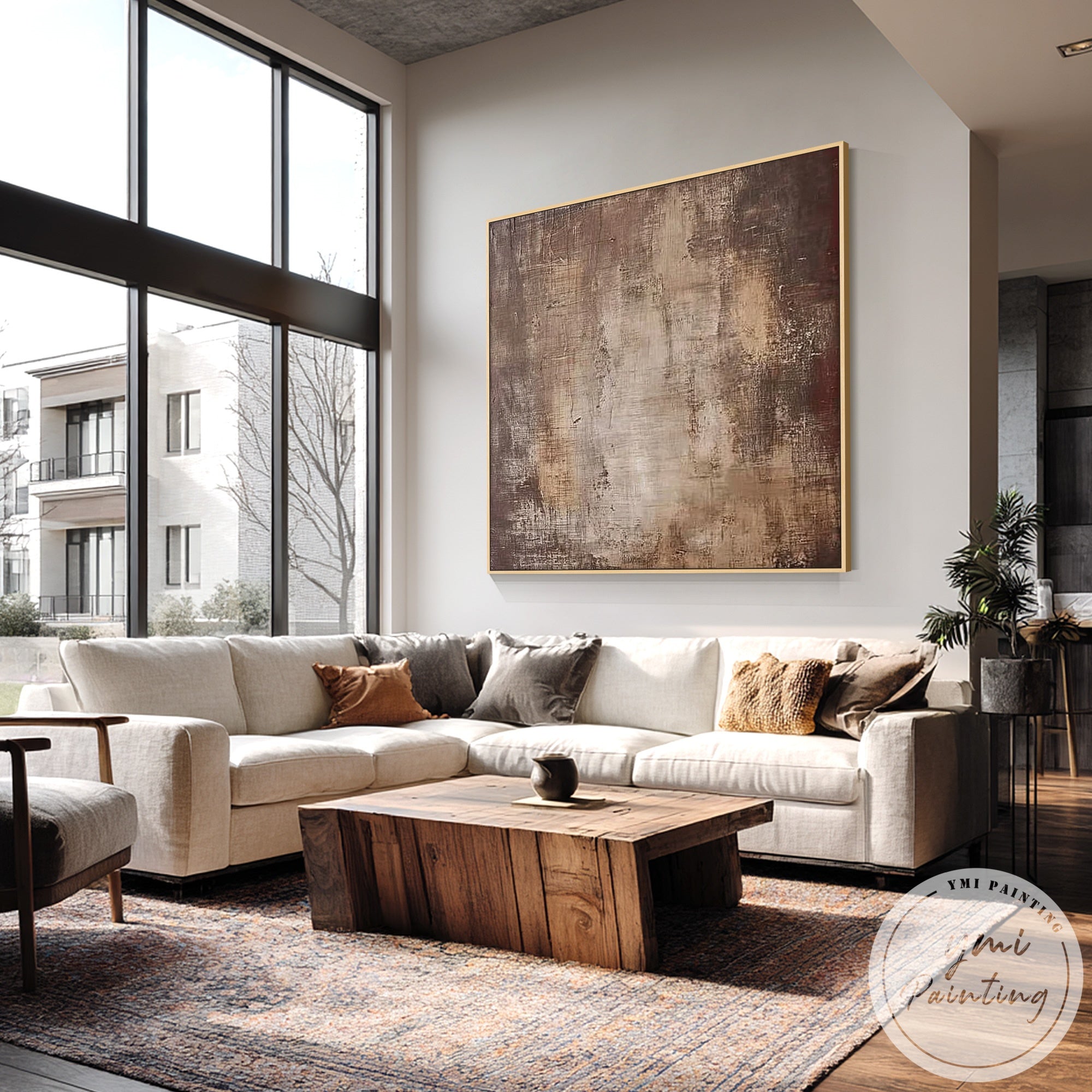 Modern textured abstract painting in minimalist apartment living room interior