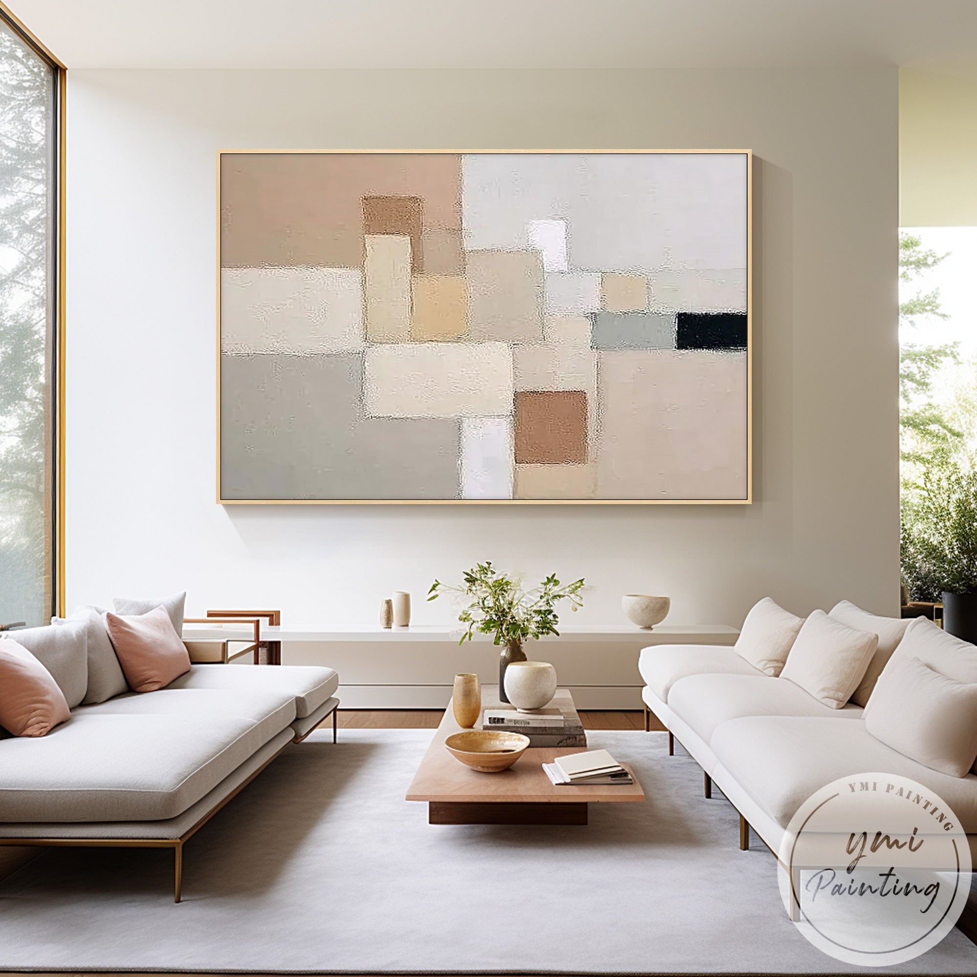 Minimalist beige abstract canvas painting for contemporary bedroom decor