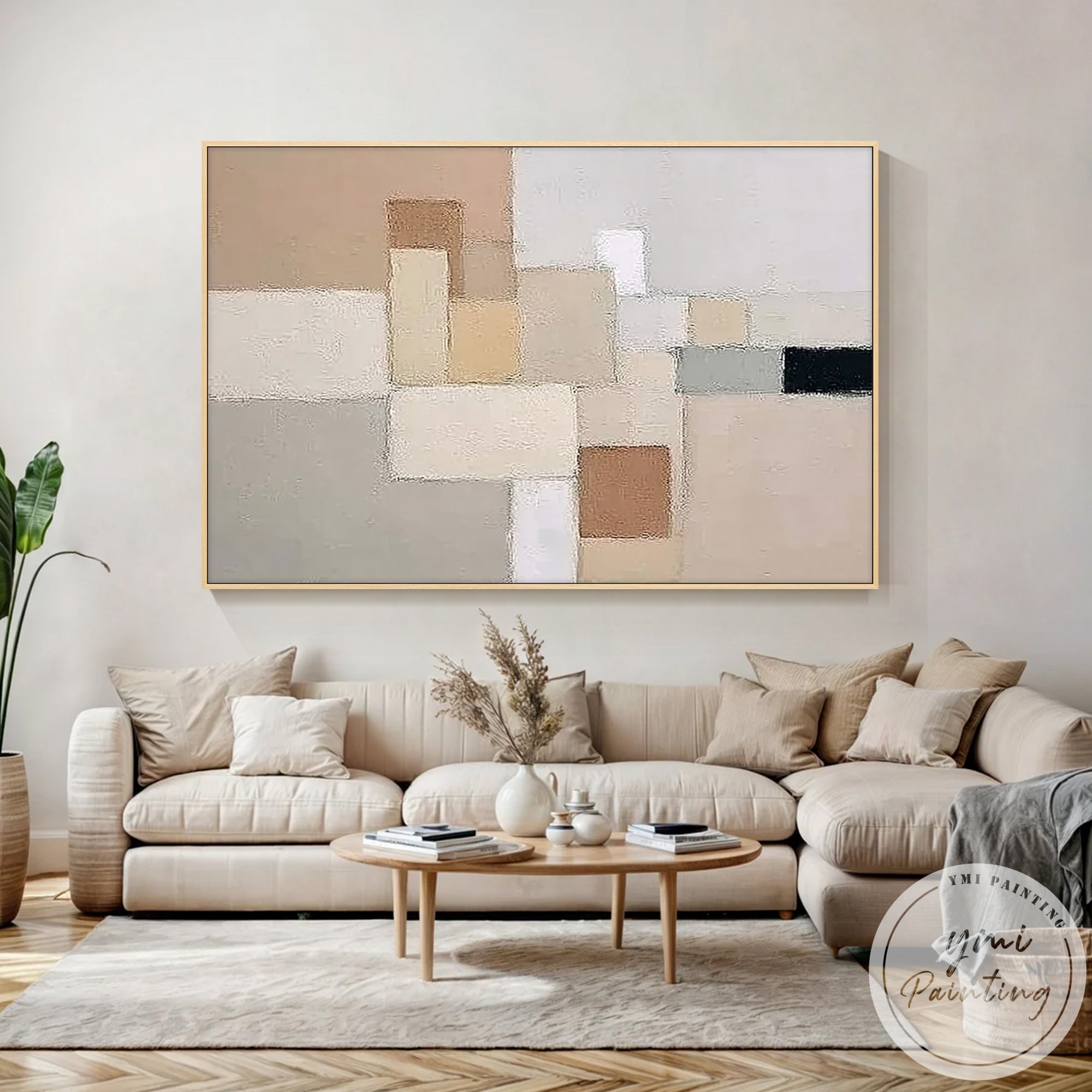 Modern geometric wall art with neutral tones in Scandinavian interior