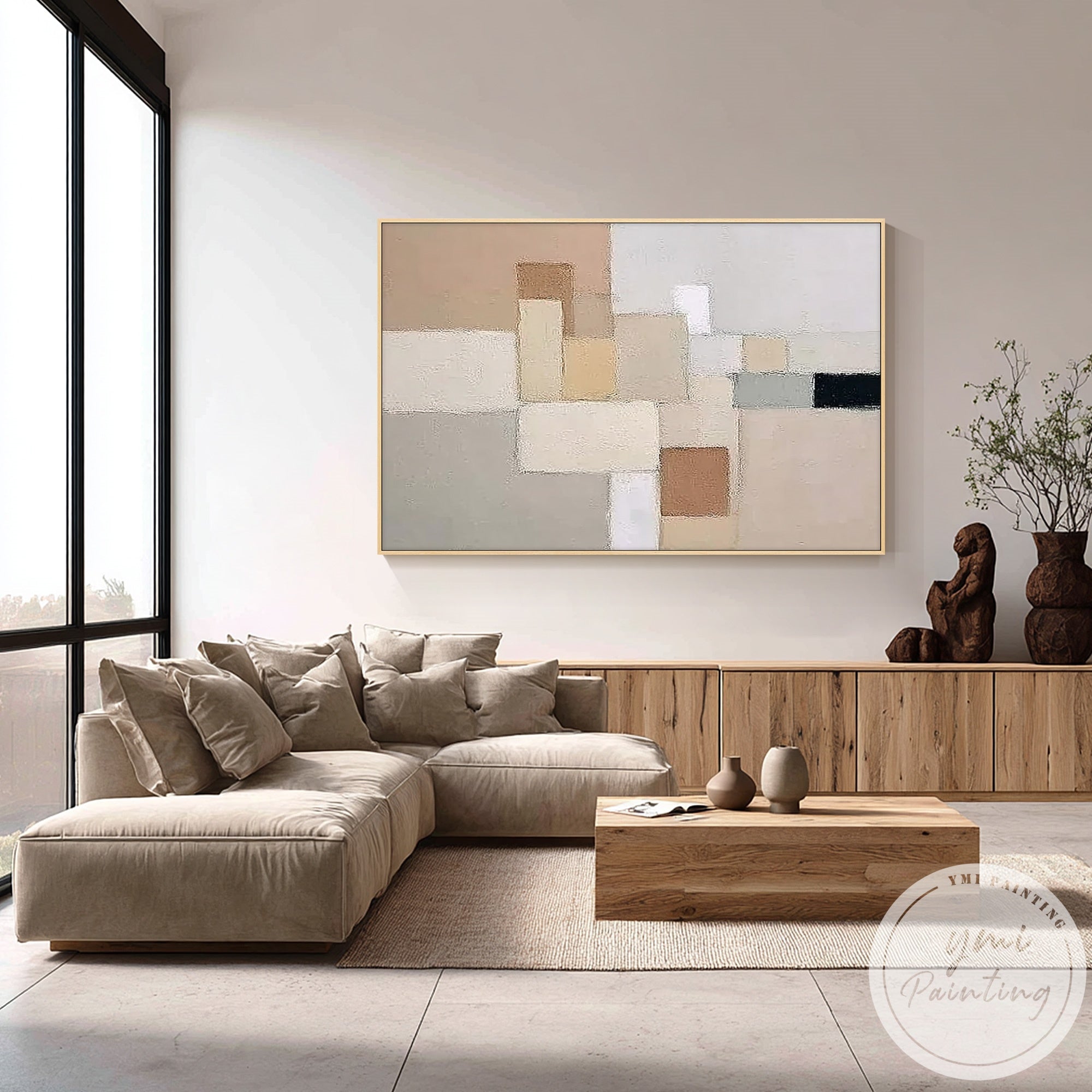 Textured abstract canvas artwork for Japandi style living room