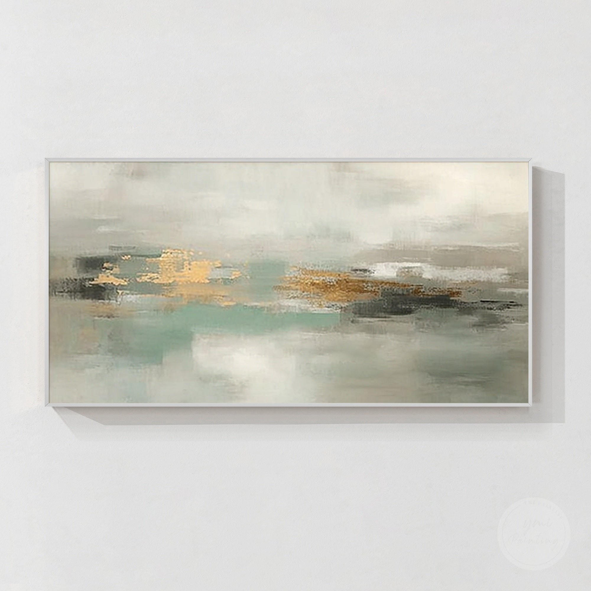 Muted green abstract wall painting with aqua gray ivory and textured gold details