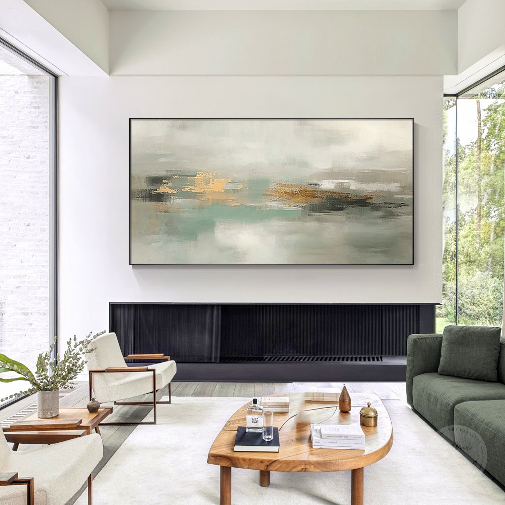 Sage green and gold abstract canvas artwork with soft horizontal layers