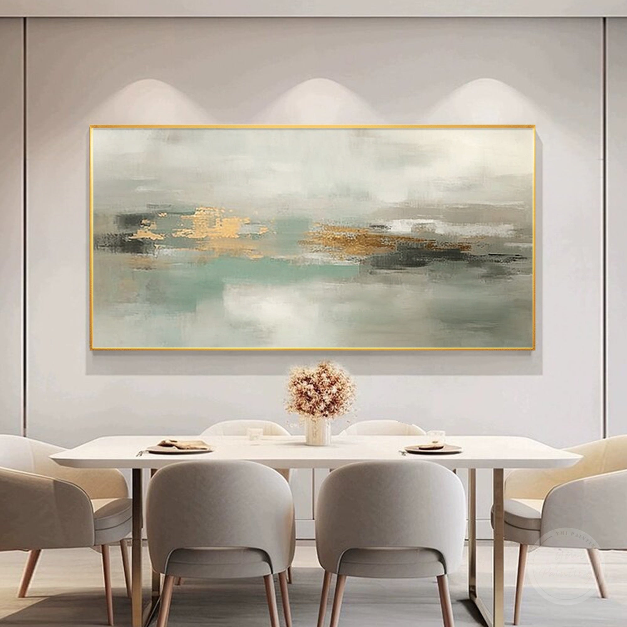 Sage green abstract painting with soft aqua ivory gray and gold textured layers