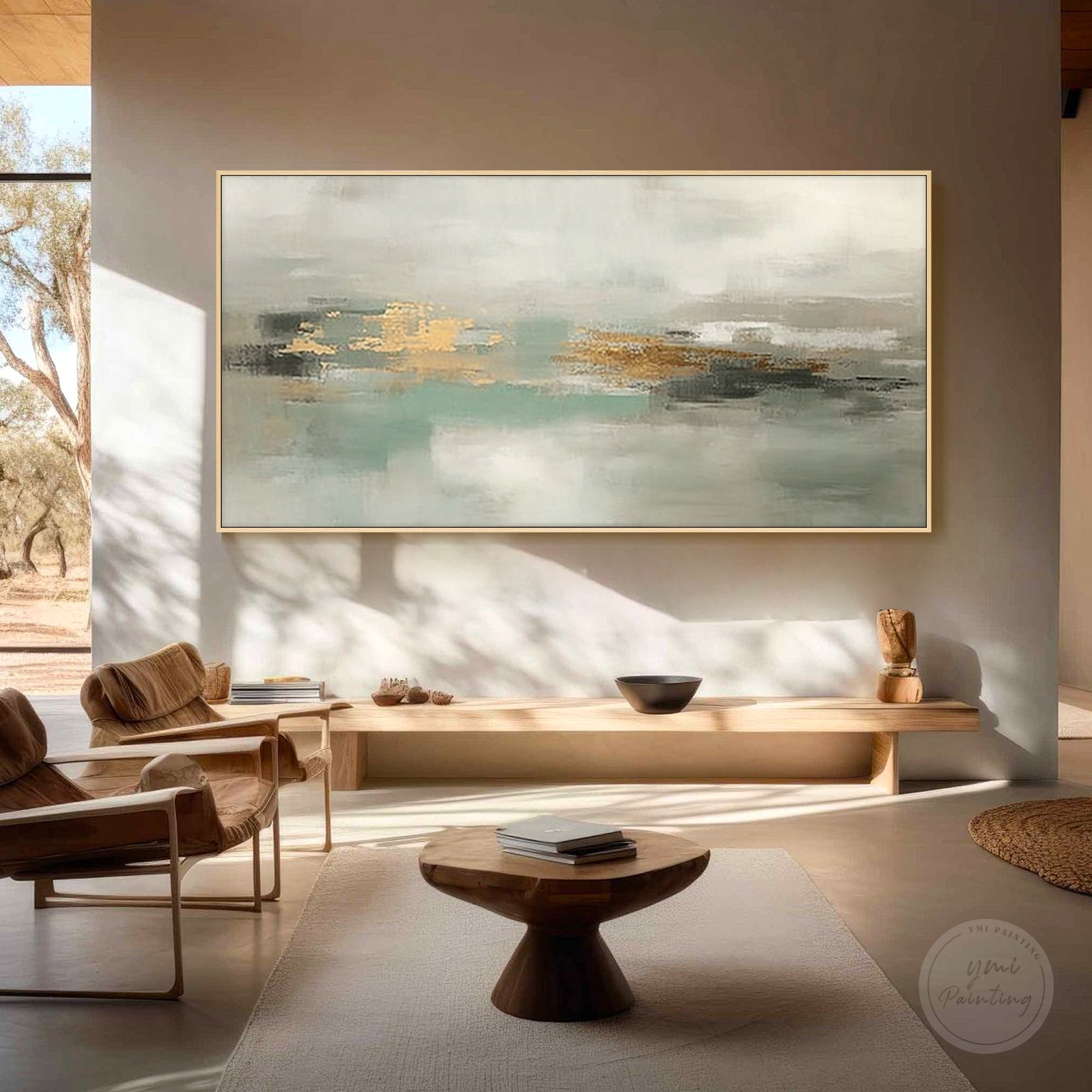 Hand-painted sage green canvas art with muted neutral abstract landscape details