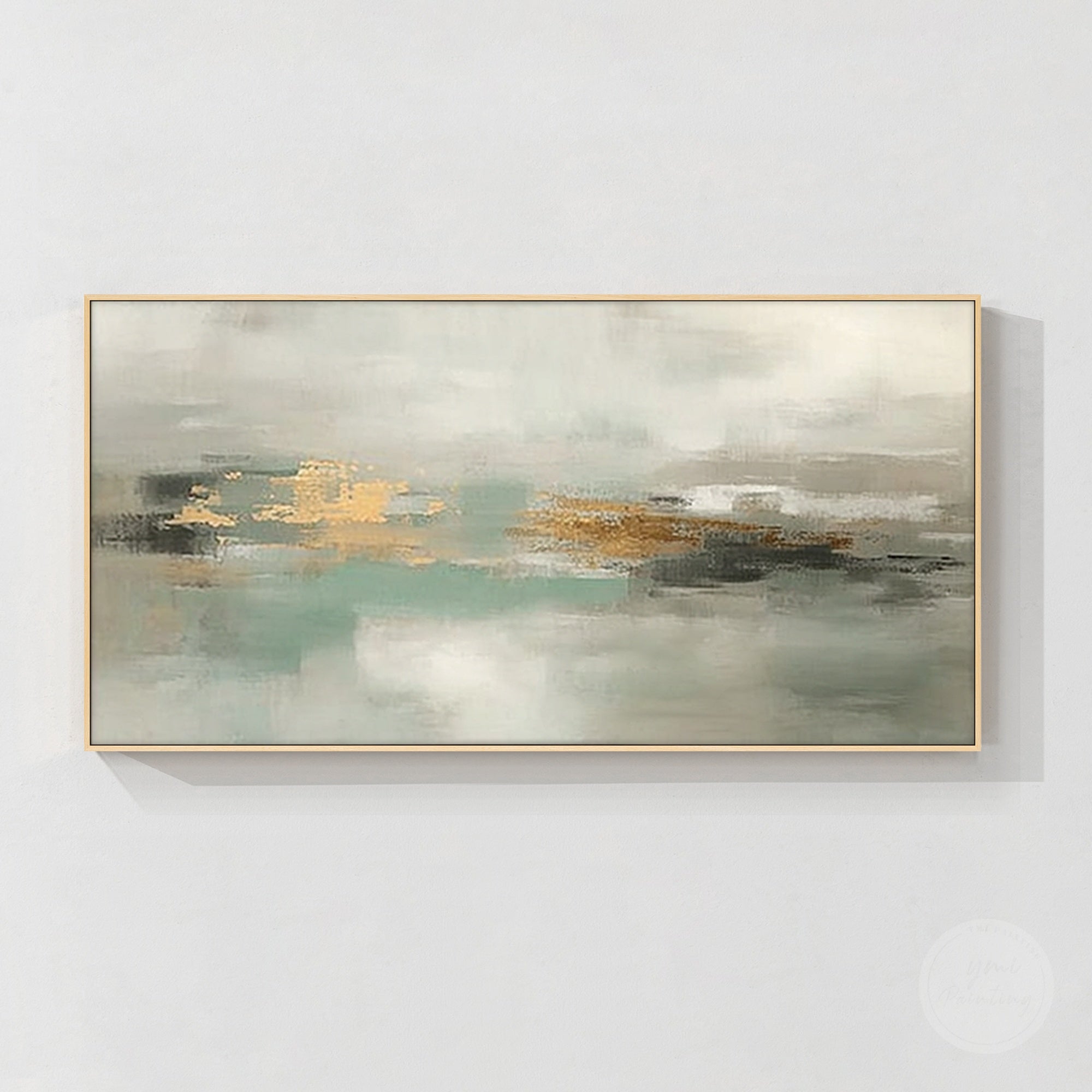 Sage green abstract painting with soft aqua ivory gray and gold textured layers