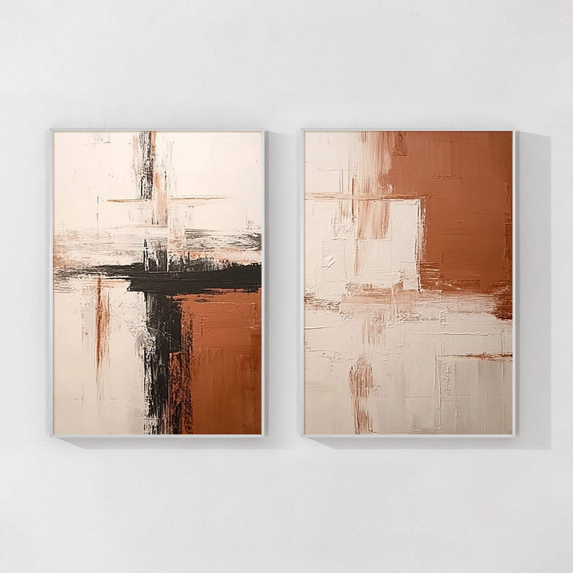 Modern abstract diptych wall art in beige and brown neutral tones, perfect for contemporary home decor.
