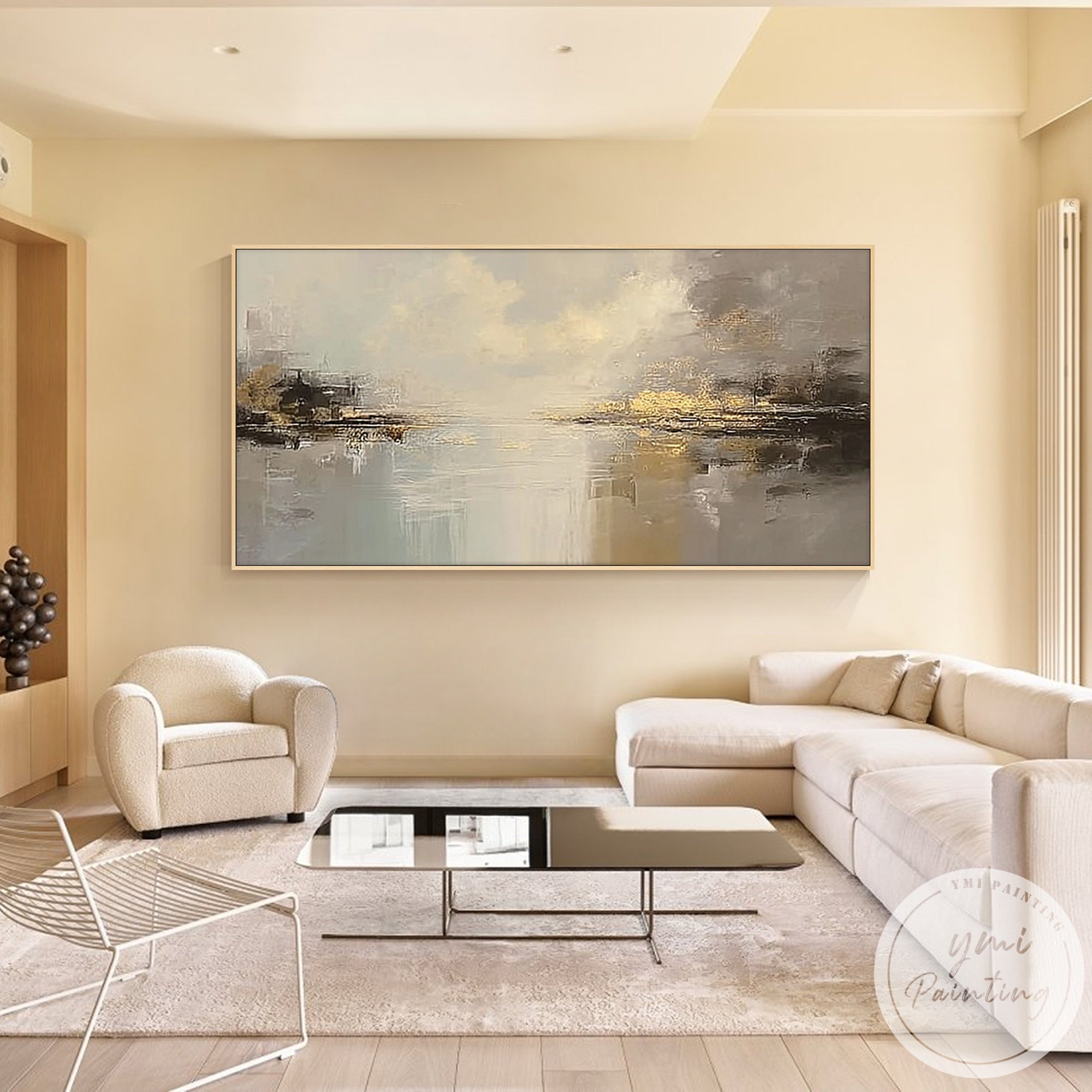Contemporary neutral abstract artwork with layered brush textures