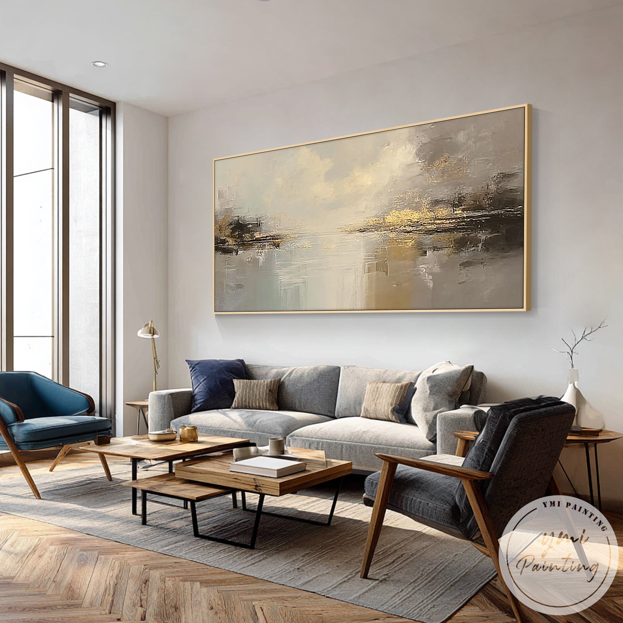 Large beige and taupe abstract landscape painting on canvas
