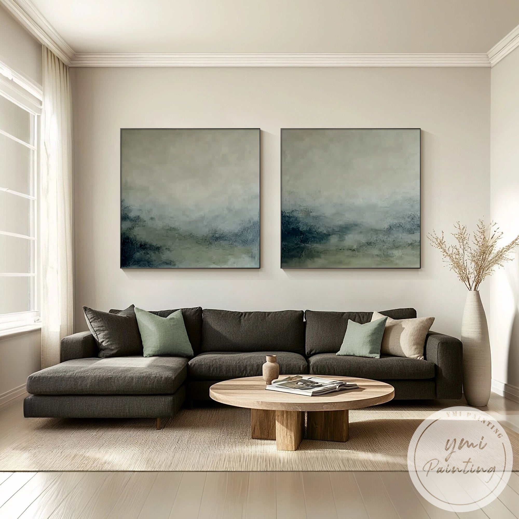 Blue green textured diptych canvas art