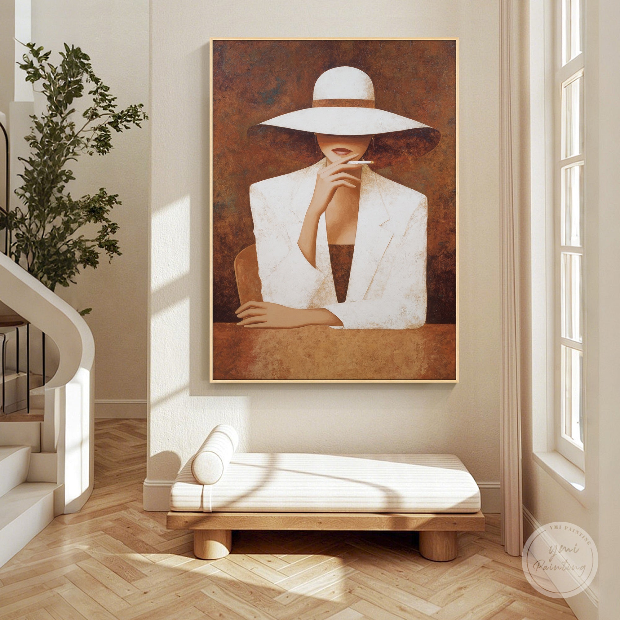 elegant lady with hat painting vintage style artwork