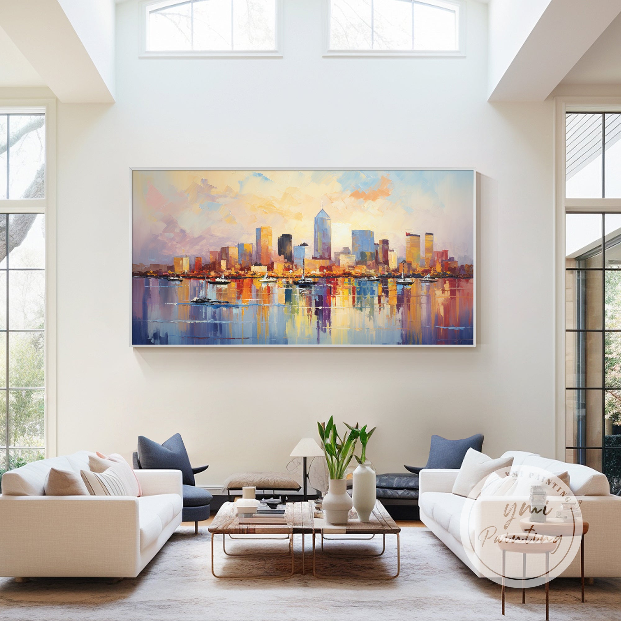 New Orleans skyline sunset painting abstract canvas wall art in modern living room