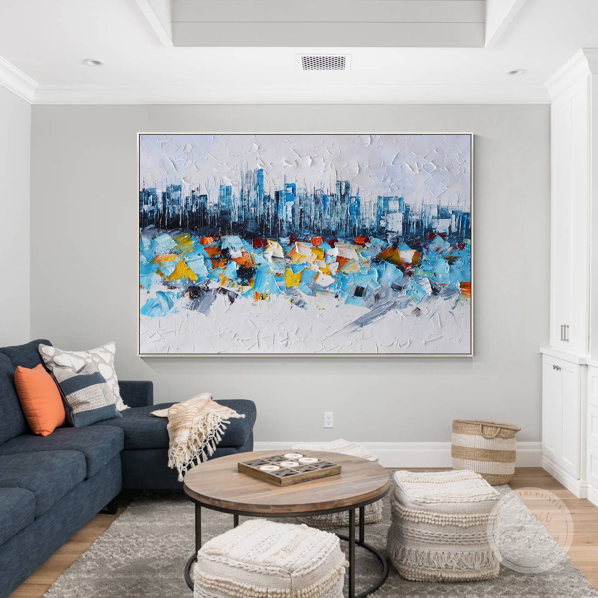 New York City abstract art, featuring white and blue tones with expressive texture and depth.