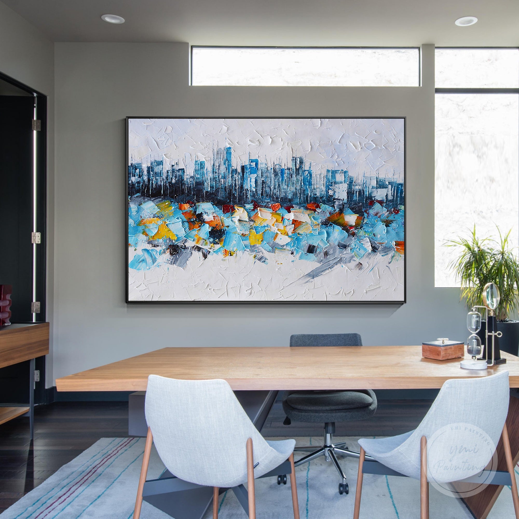 Abstract New York City painting, hand-painted with rich textures in white and blue color palette.
