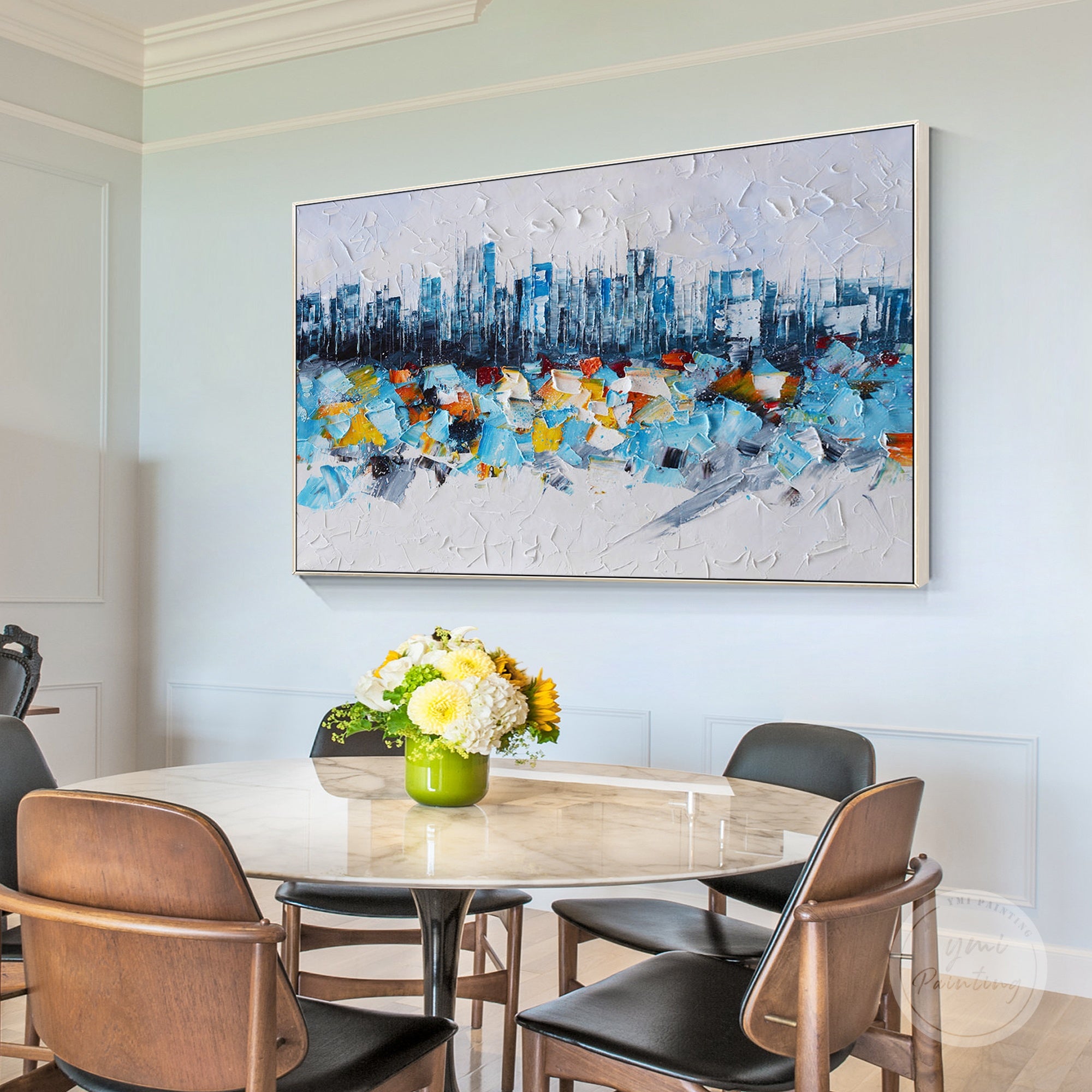 Modern abstract painting of New York City, textured oil on canvas in serene white and blue tones.