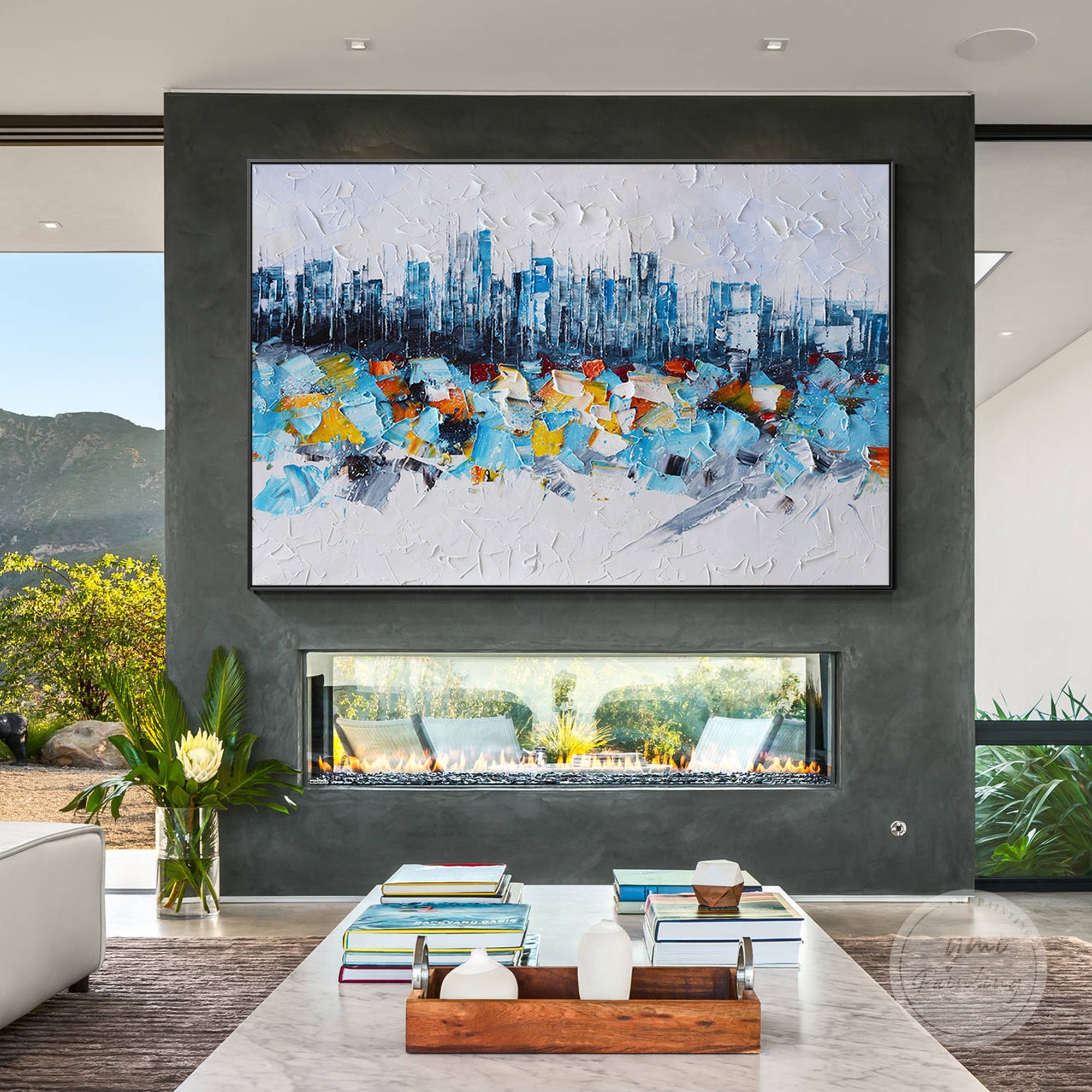 White and blue New York City painting, abstract cityscape art with textured brushwork and vibrant details.