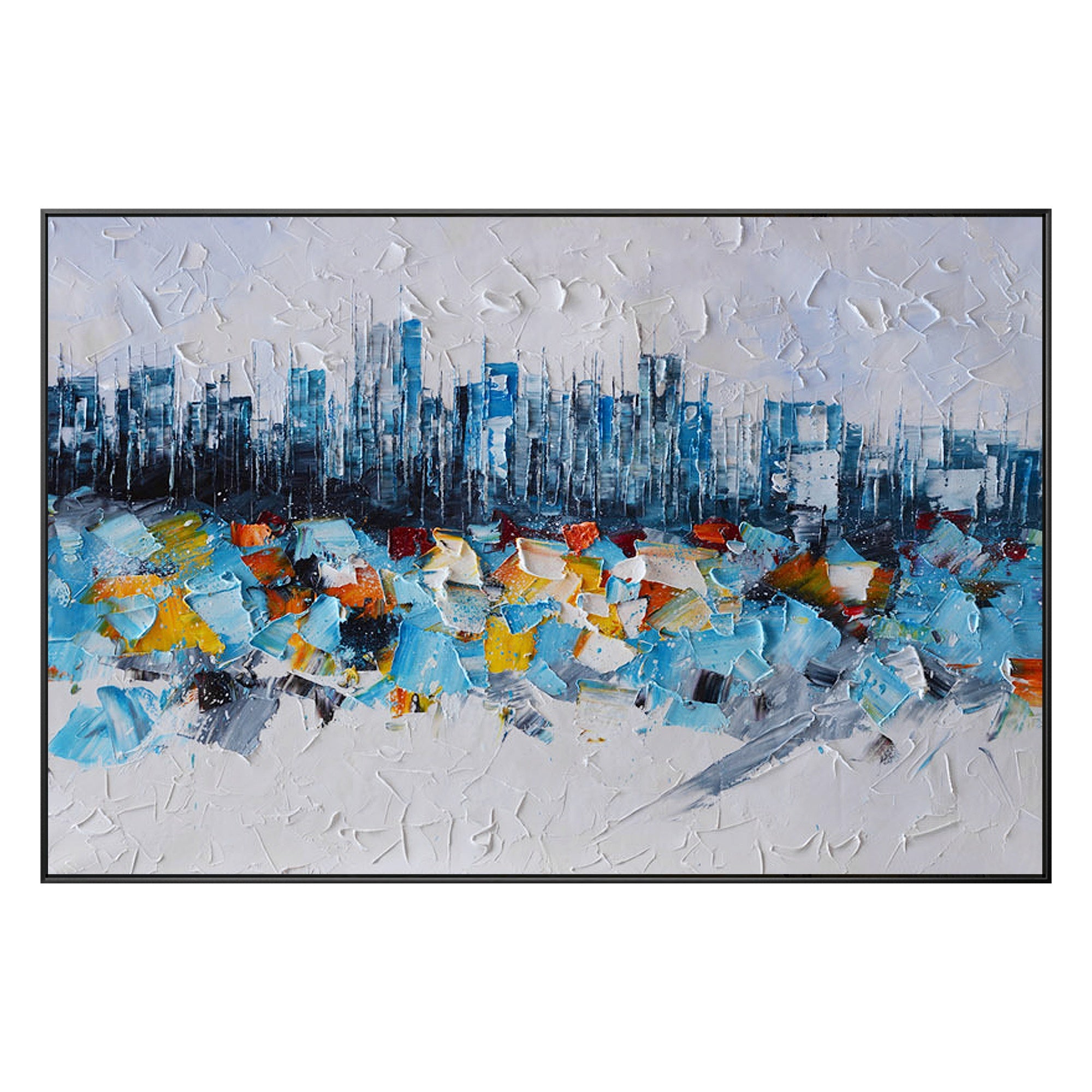 Textured white and blue abstract art of New York, capturing the energy of the city in a modern style.
