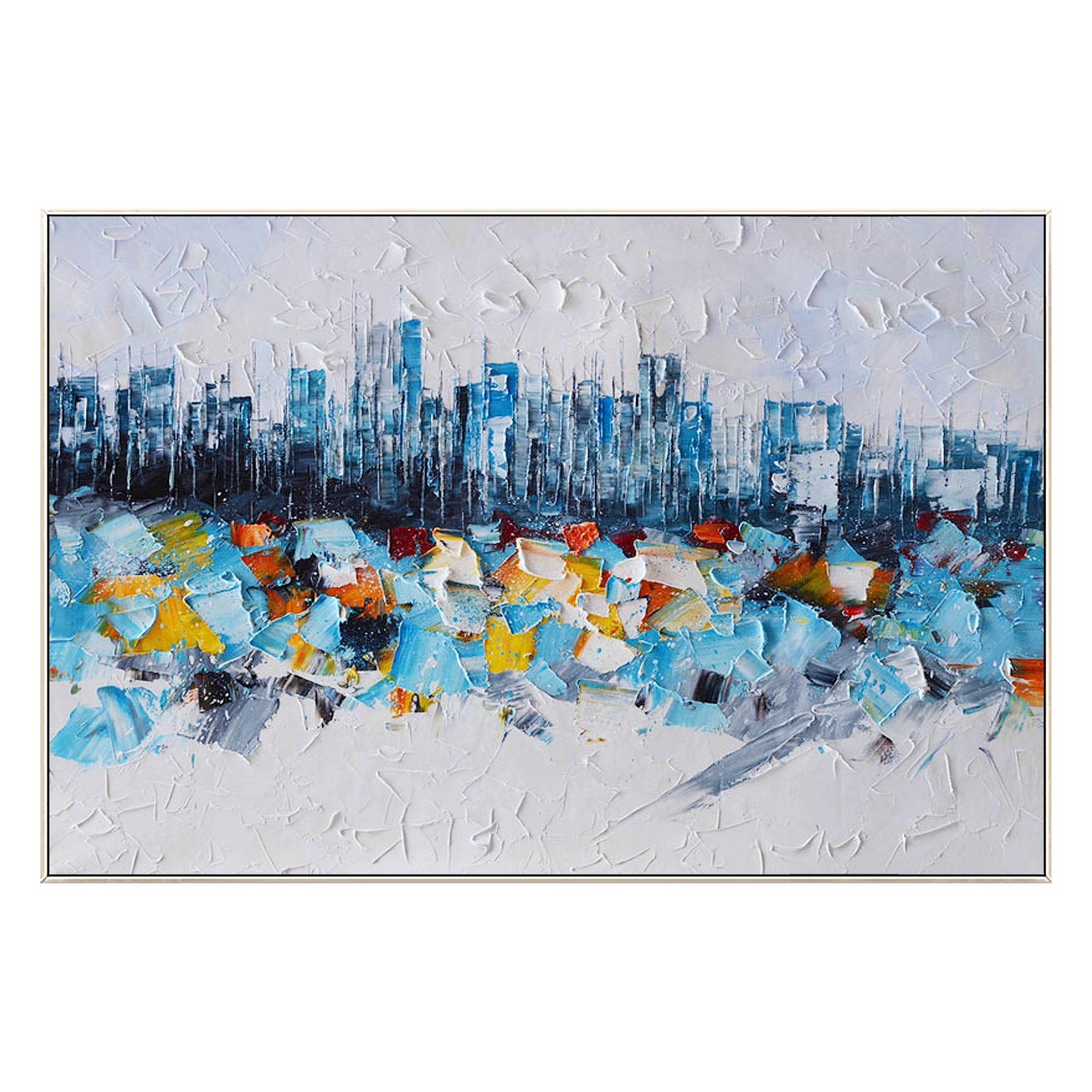 Contemporary New York cityscape oil painting, featuring soothing blue and white abstract design.
