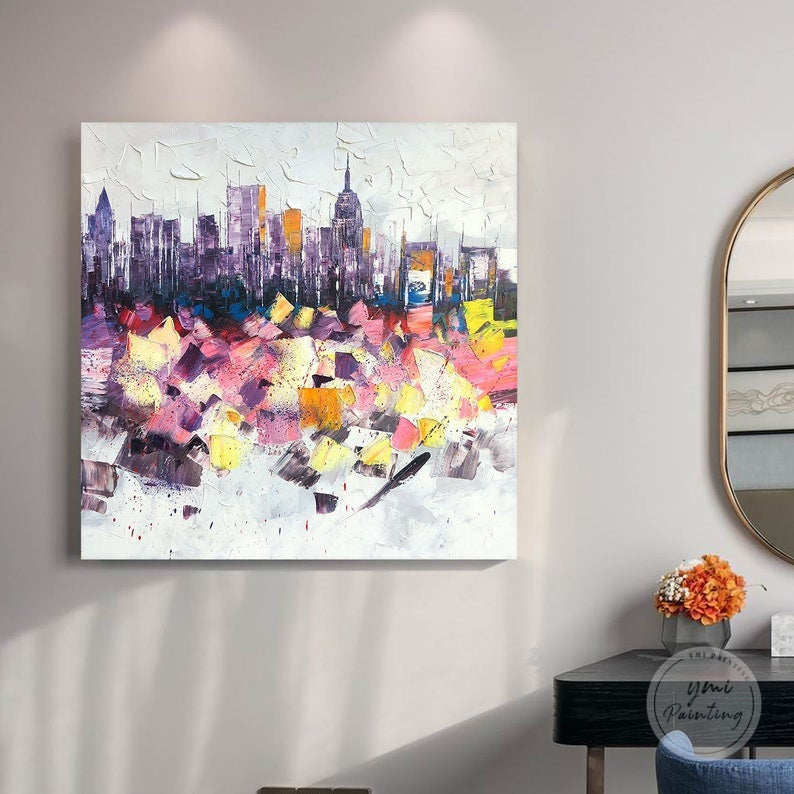 Abstract New York City painting with bold colors and intricate textures, bringing the city to life.