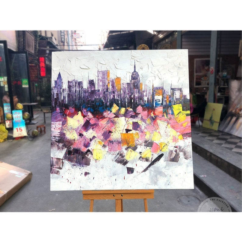 Hand-painted New York skyline art, featuring textured brushstrokes for a dynamic city scene.