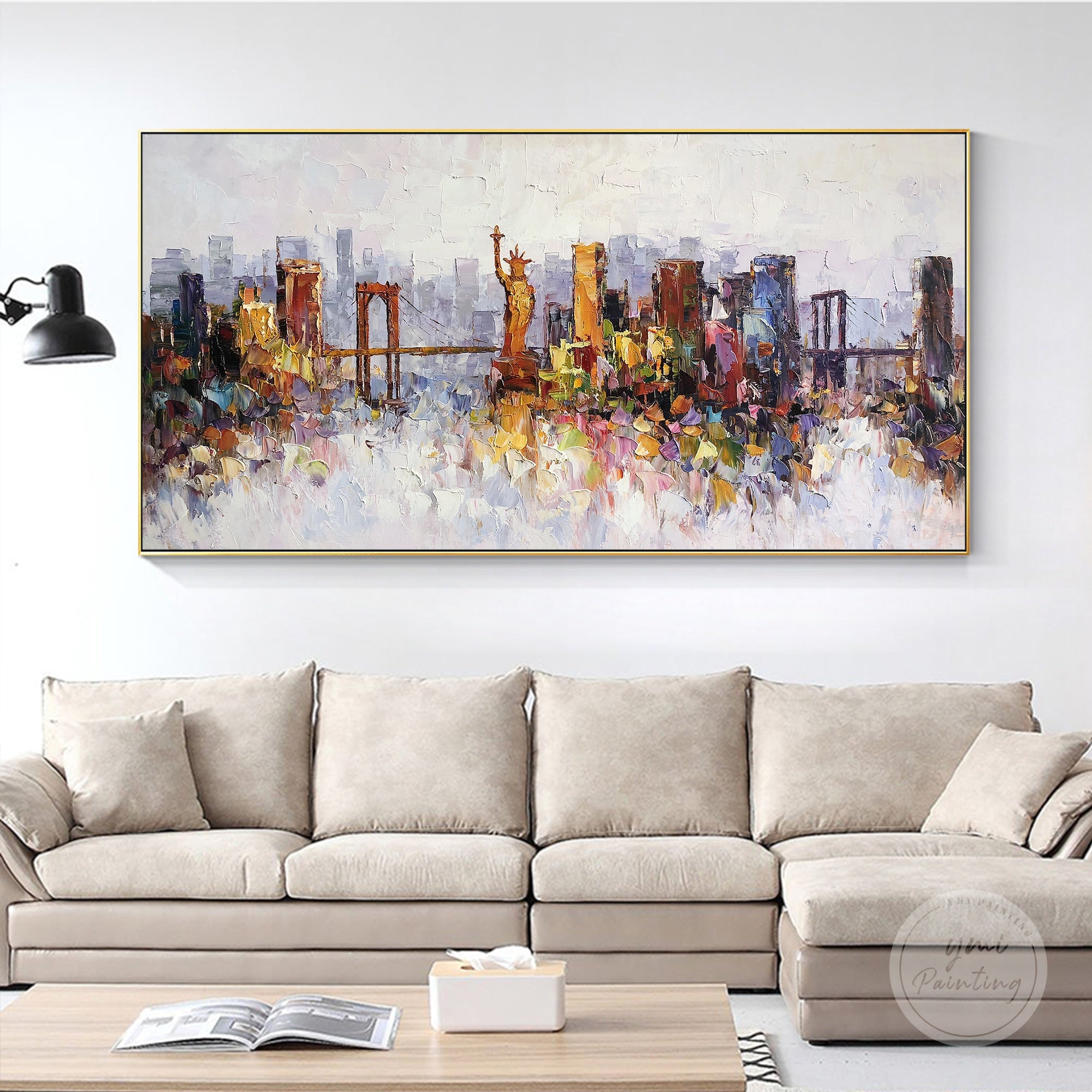 Original oil painting of New York skyline, with vibrant colors and rich texture, showcasing the Statue of Liberty.