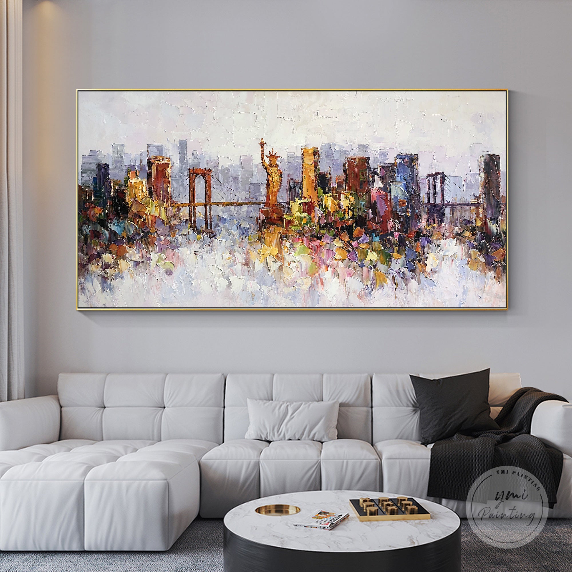 Abstract New York skyline oil painting, hand-painted on canvas with heavy texture and bold strokes.