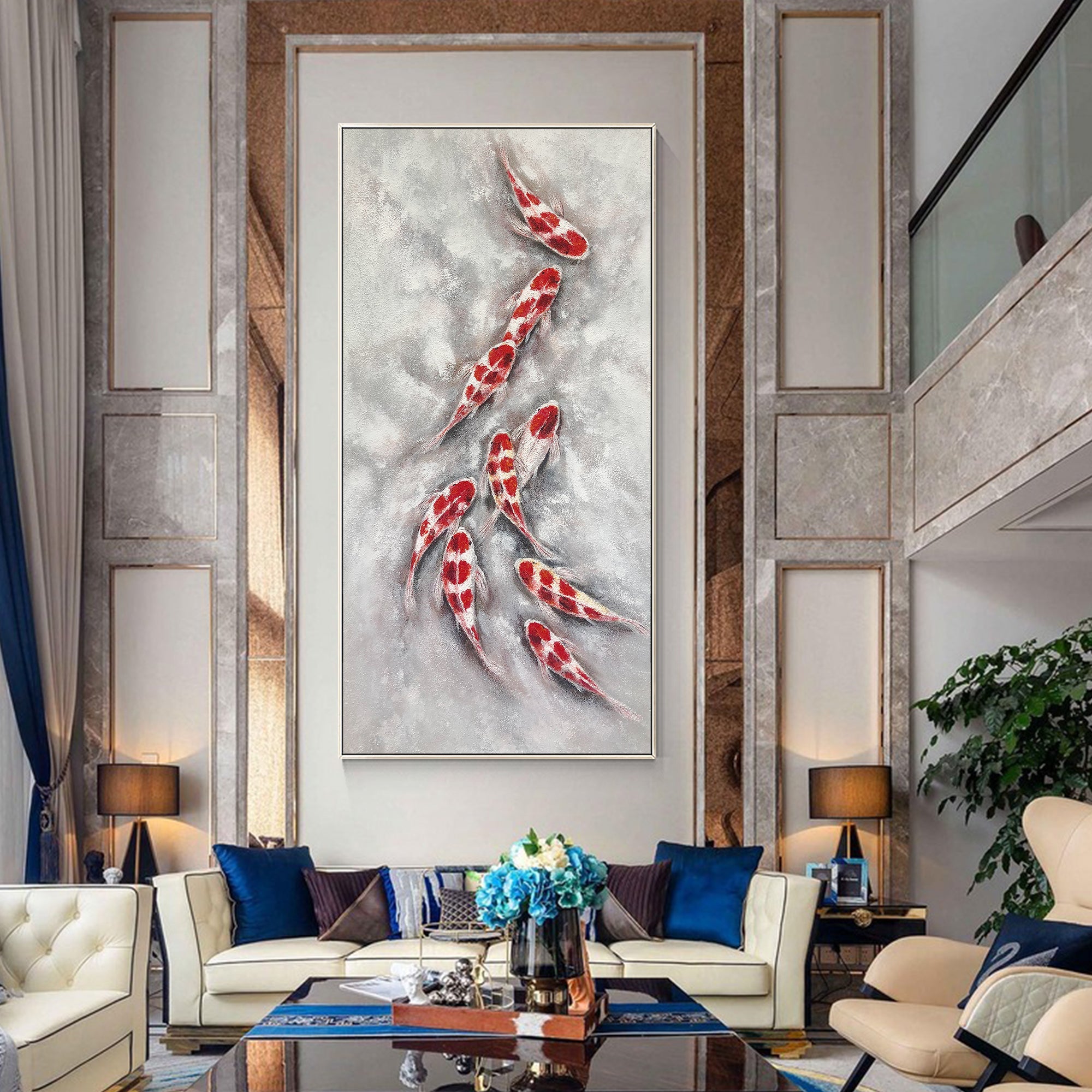 Nine red and white koi fish wall art displayed in a modern living room