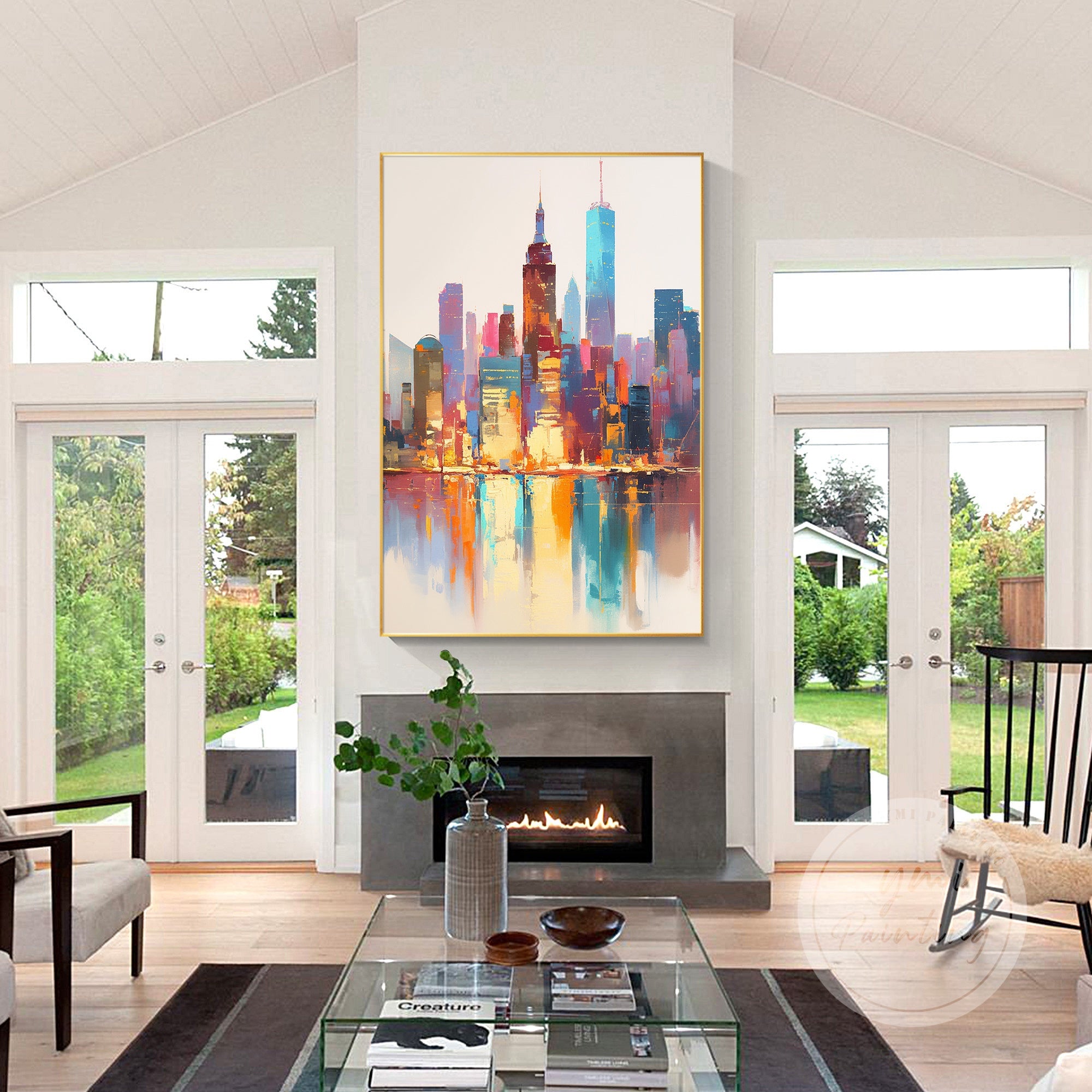 Original large oil painting of New York City, showcasing Manhattan’s iconic skyline in vibrant abstract colors and rich textures.