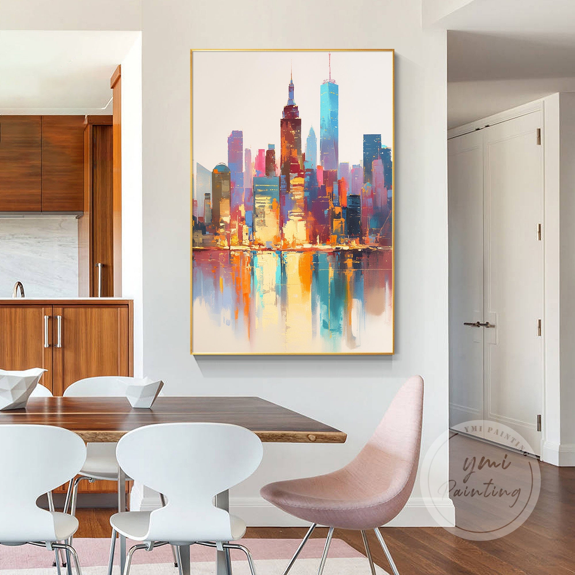 Hand-painted Manhattan art, with a striking use of color to bring the city’s skyscrapers and landmarks to life.