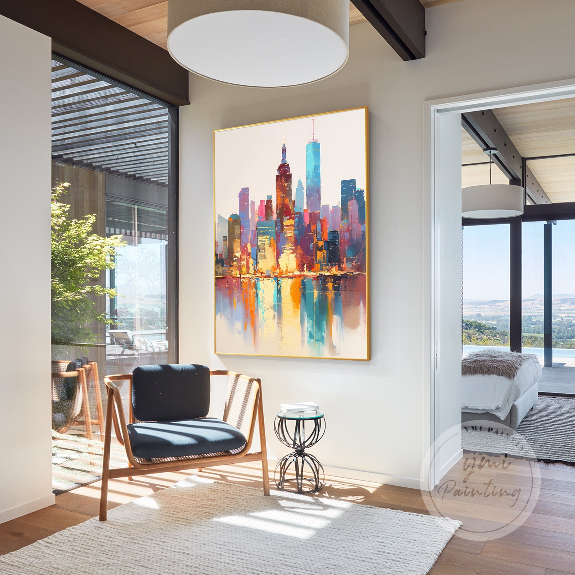 New York City abstract painting, combining warm and cool tones to represent the iconic energy and architecture of Manhattan.