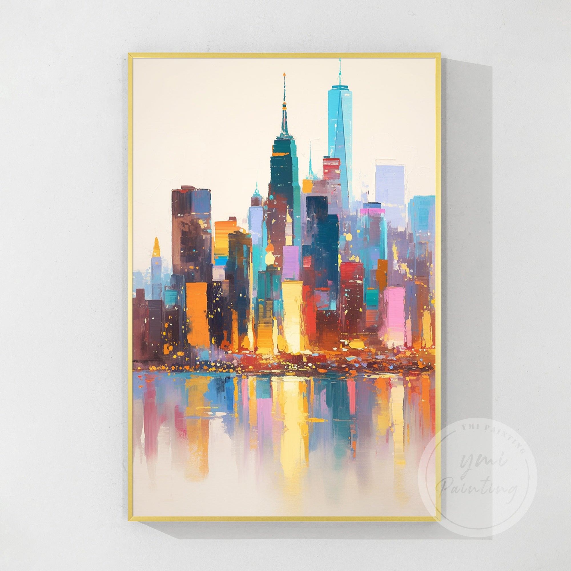Large abstract New York painting, filled with bold brushstrokes and lively color combinations to represent the dynamic city life.