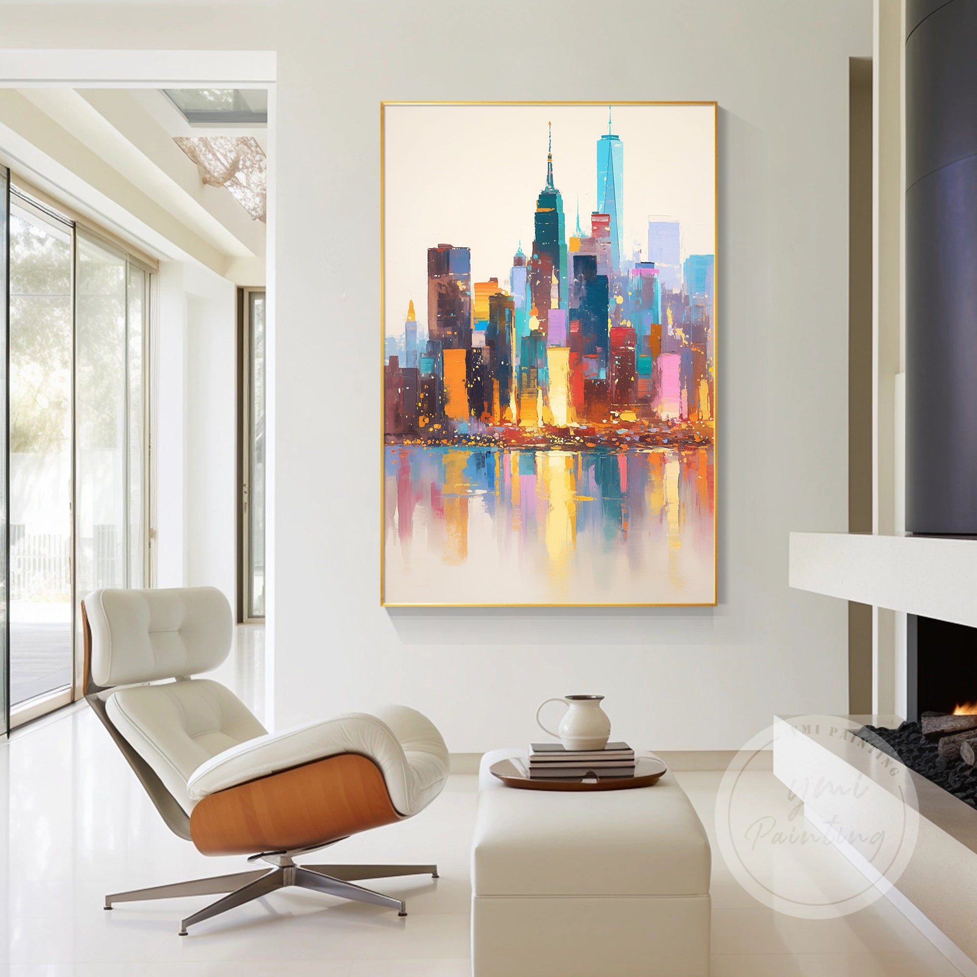 Huge New York wall art featuring a dynamic cityscape, blending vibrant hues and textures to represent the spirit of the city.