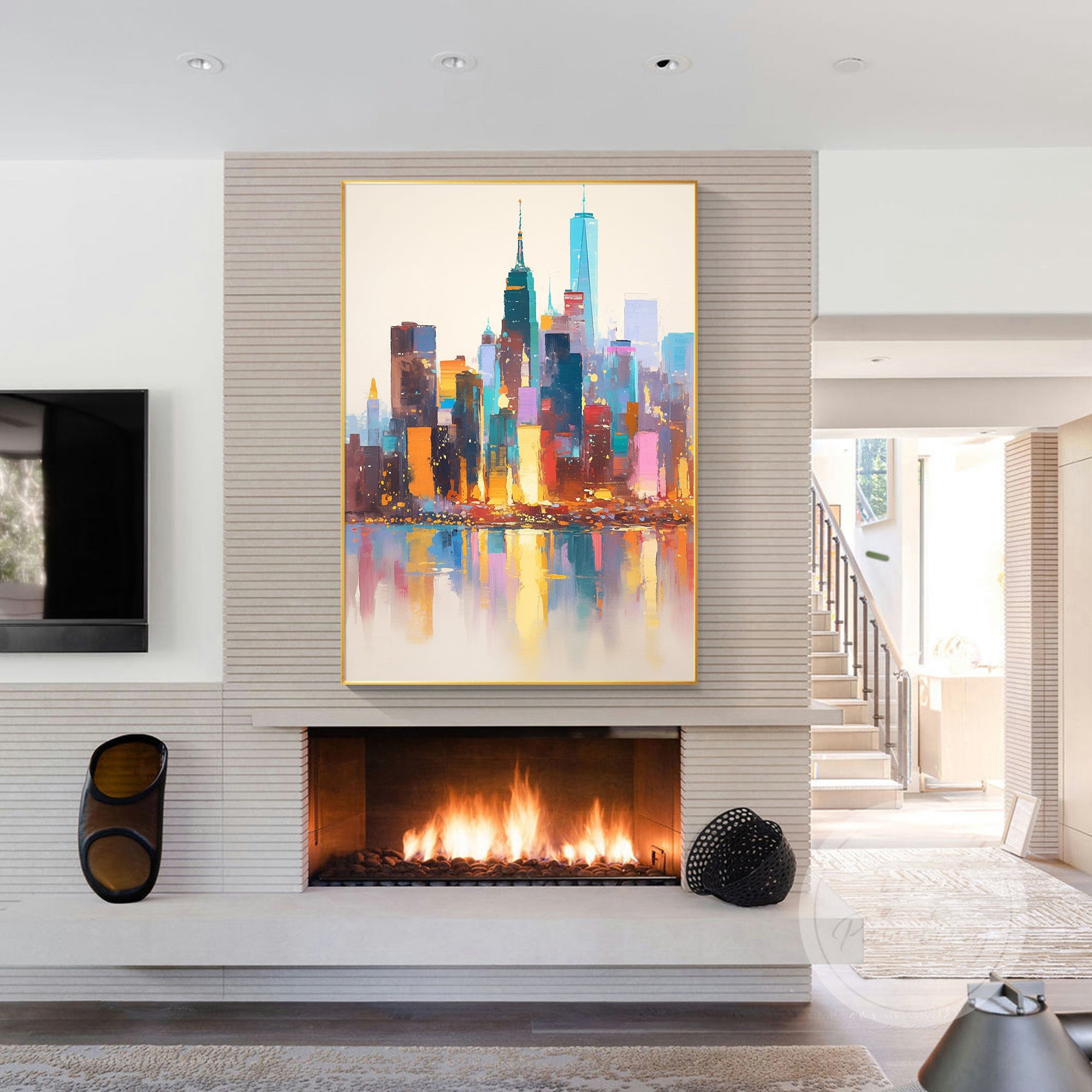 Abstract New York cityscape painting, using powerful brushstrokes and bold colors to depict the vibrancy and movement of the city.