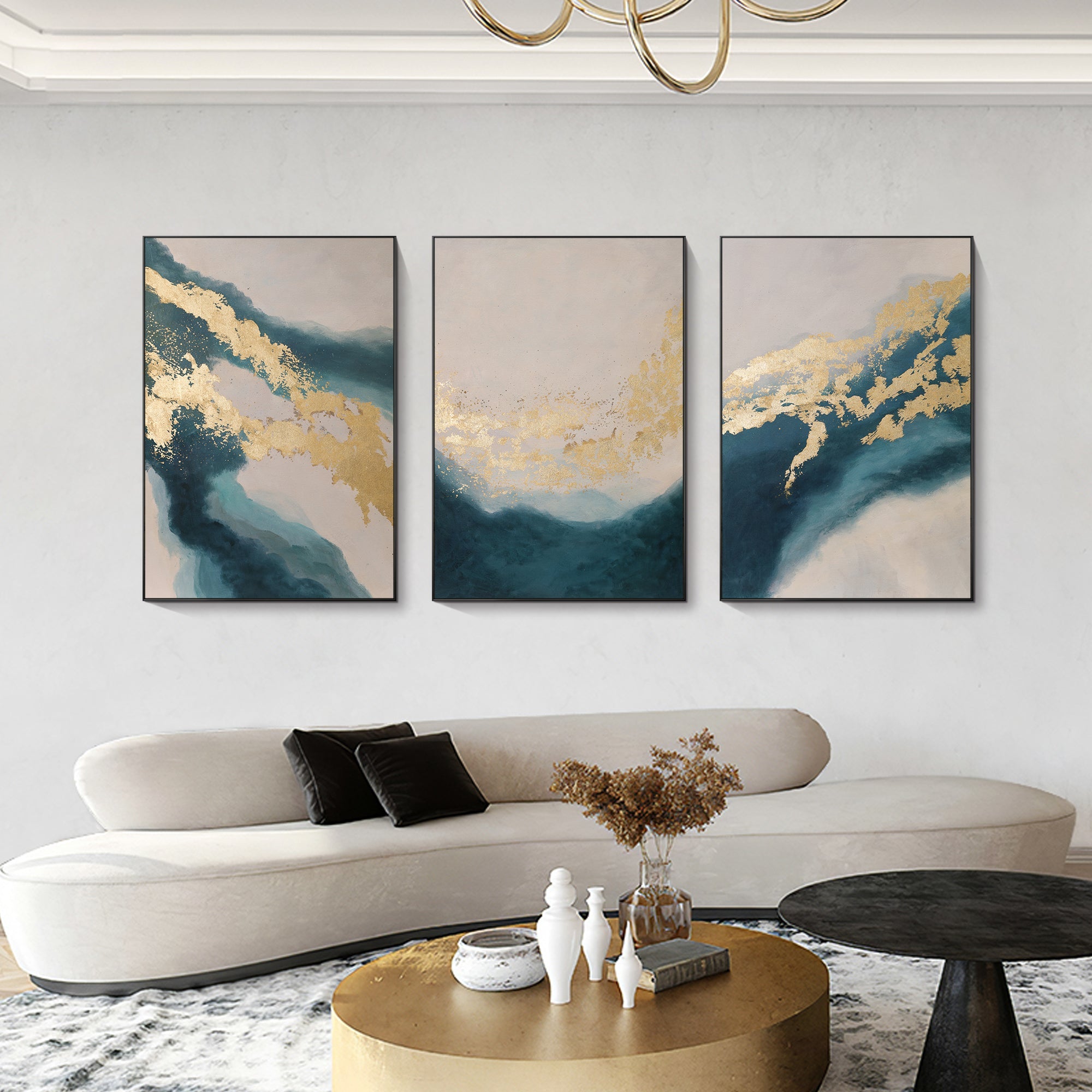 Ocean-style turquoise gold abstract triptych canvas displayed in a modern living room